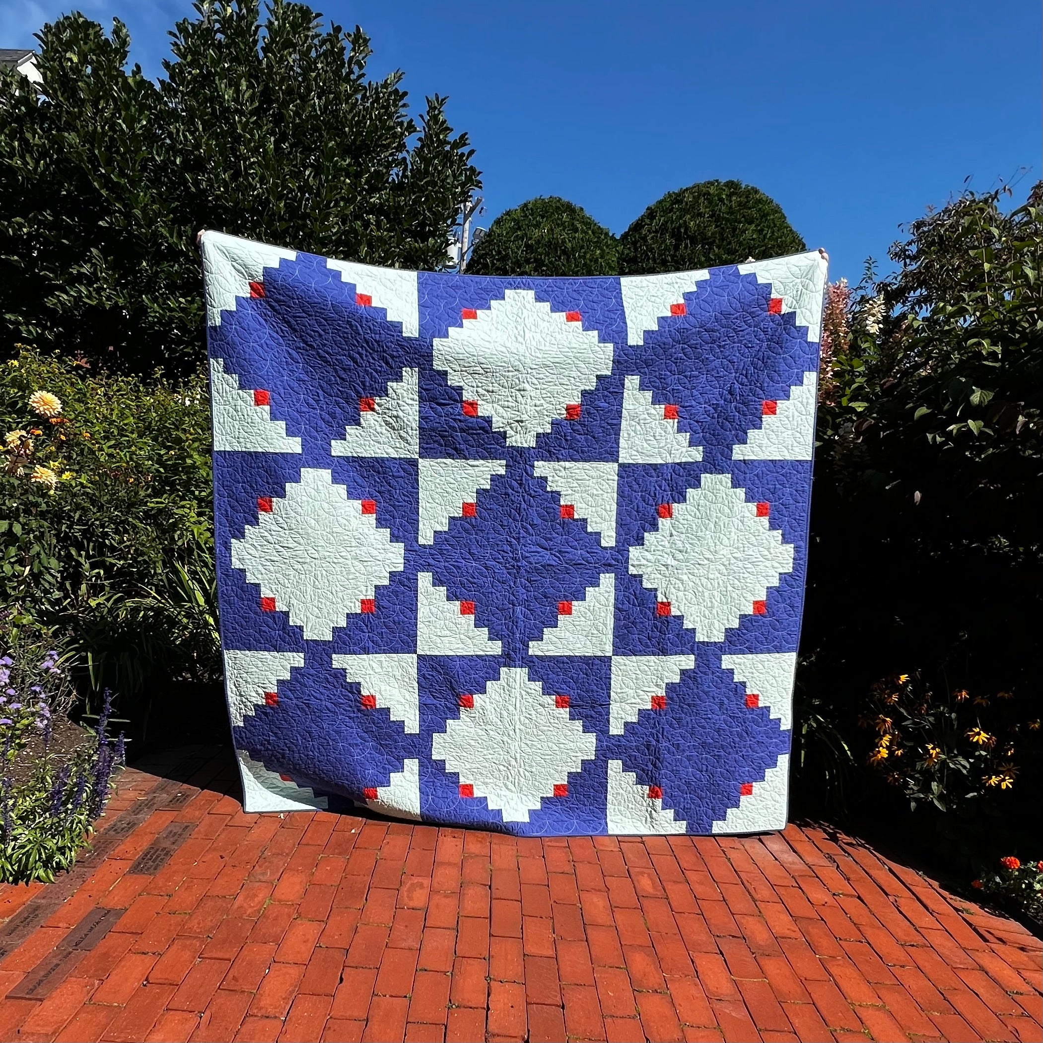 large log cabin pattern handmade quilt - red, white & blue
