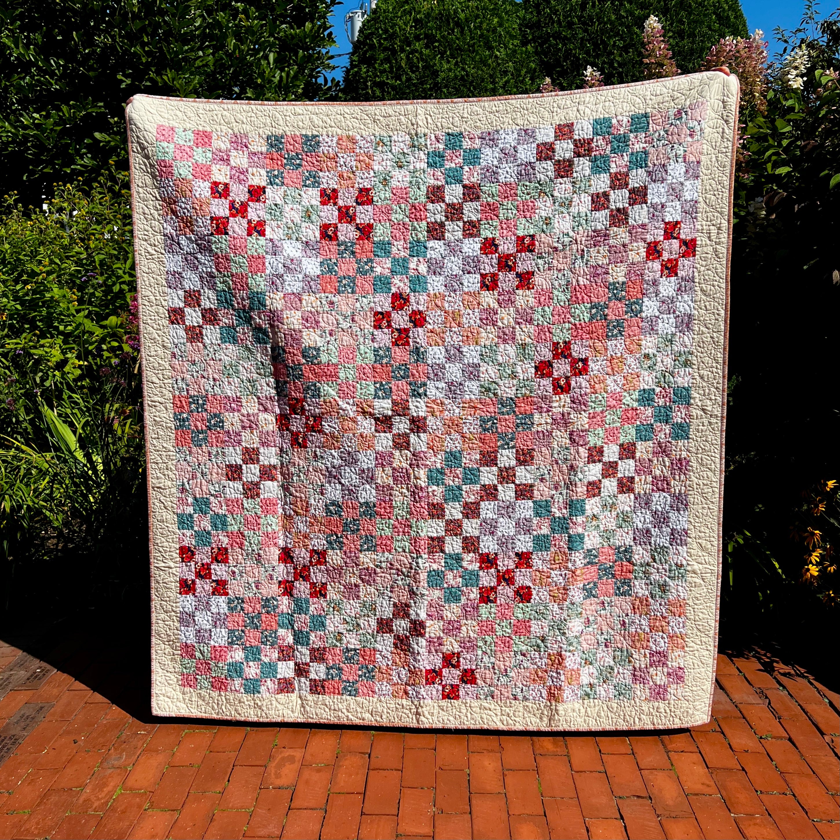 postage stamps - block pattern handmade quilt  - vintage pink tones 