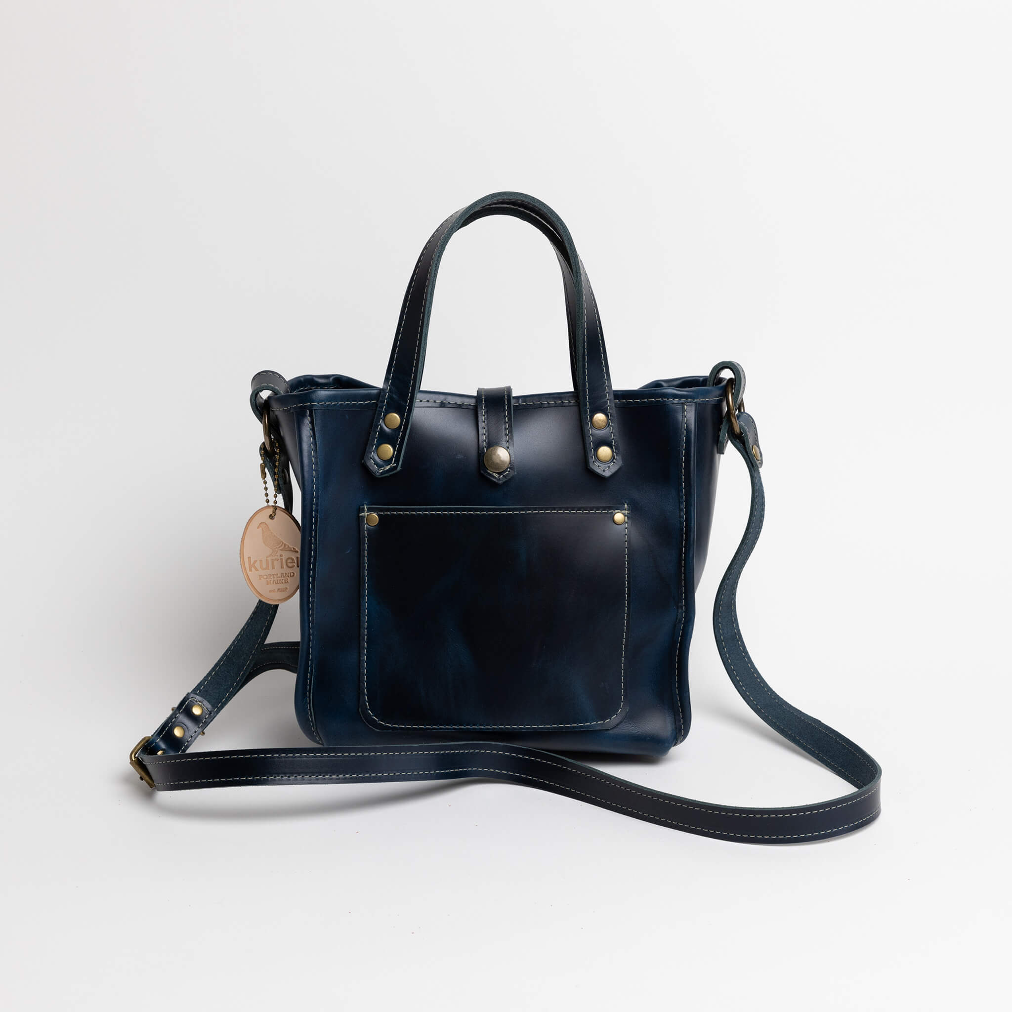 belfast tote crossbody compact - handmade leather - denim front view