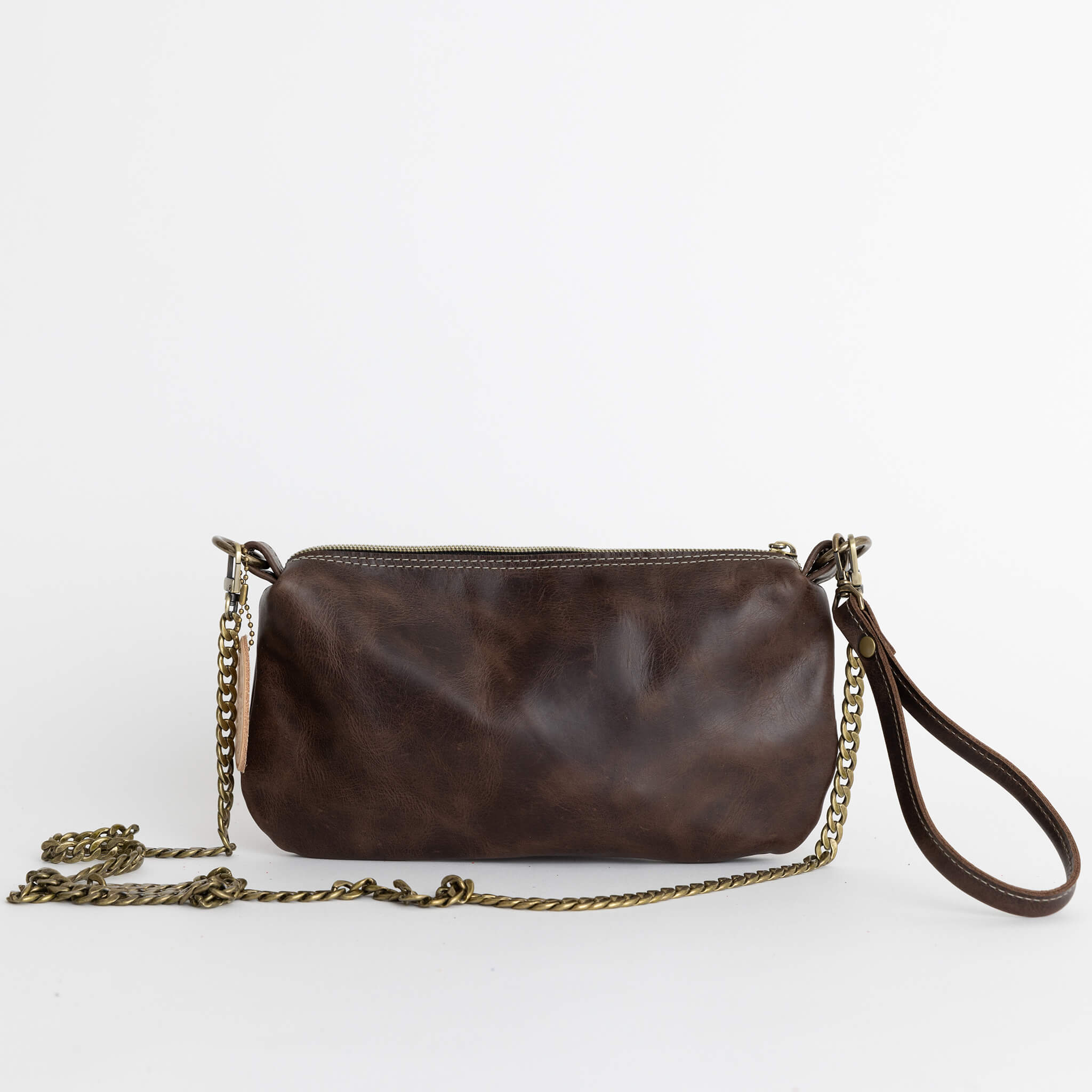 camden crossbody clutch wristlet - handmade leather - chocolate front view