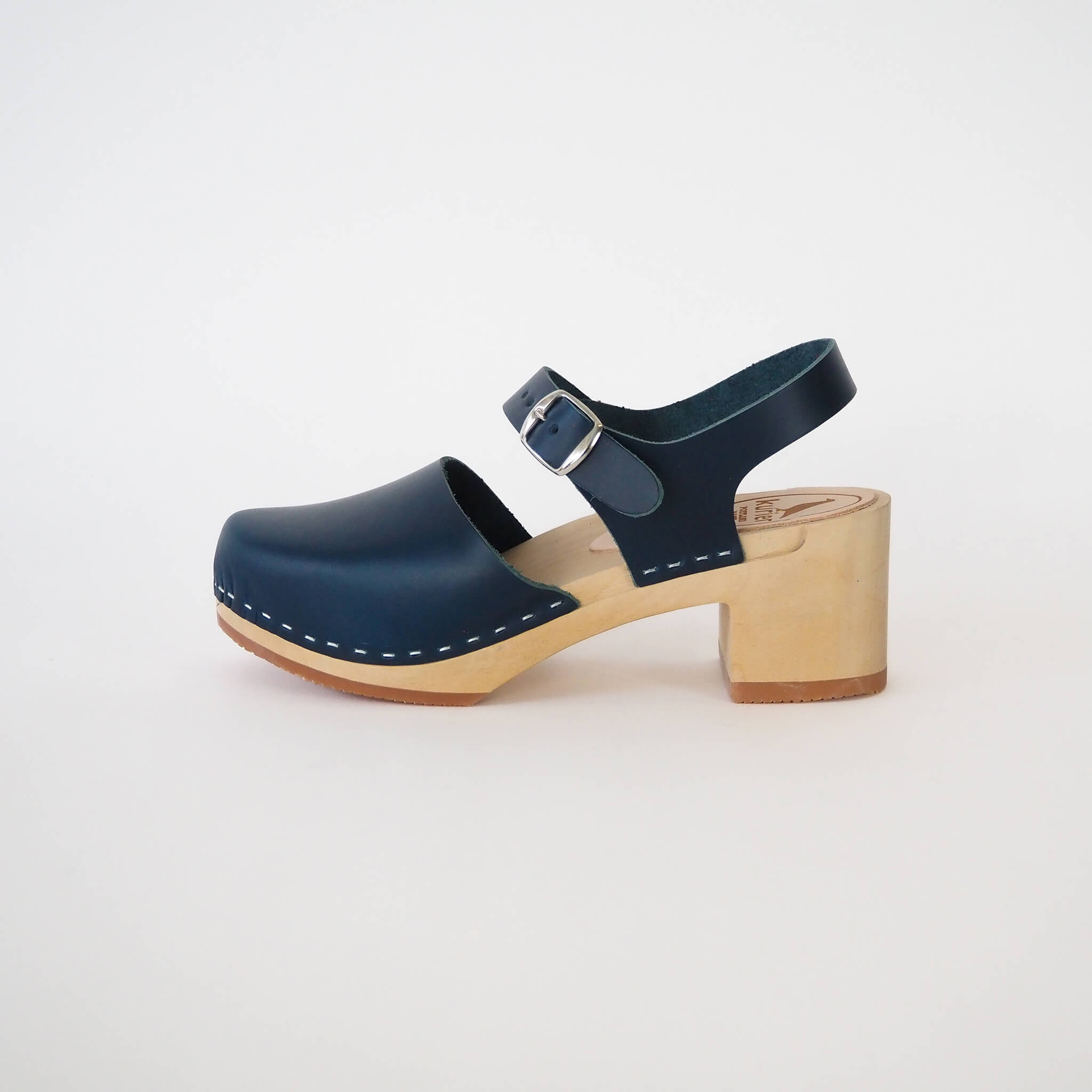 charlie clog high heel closed toe handmade leather/wood - denim side view