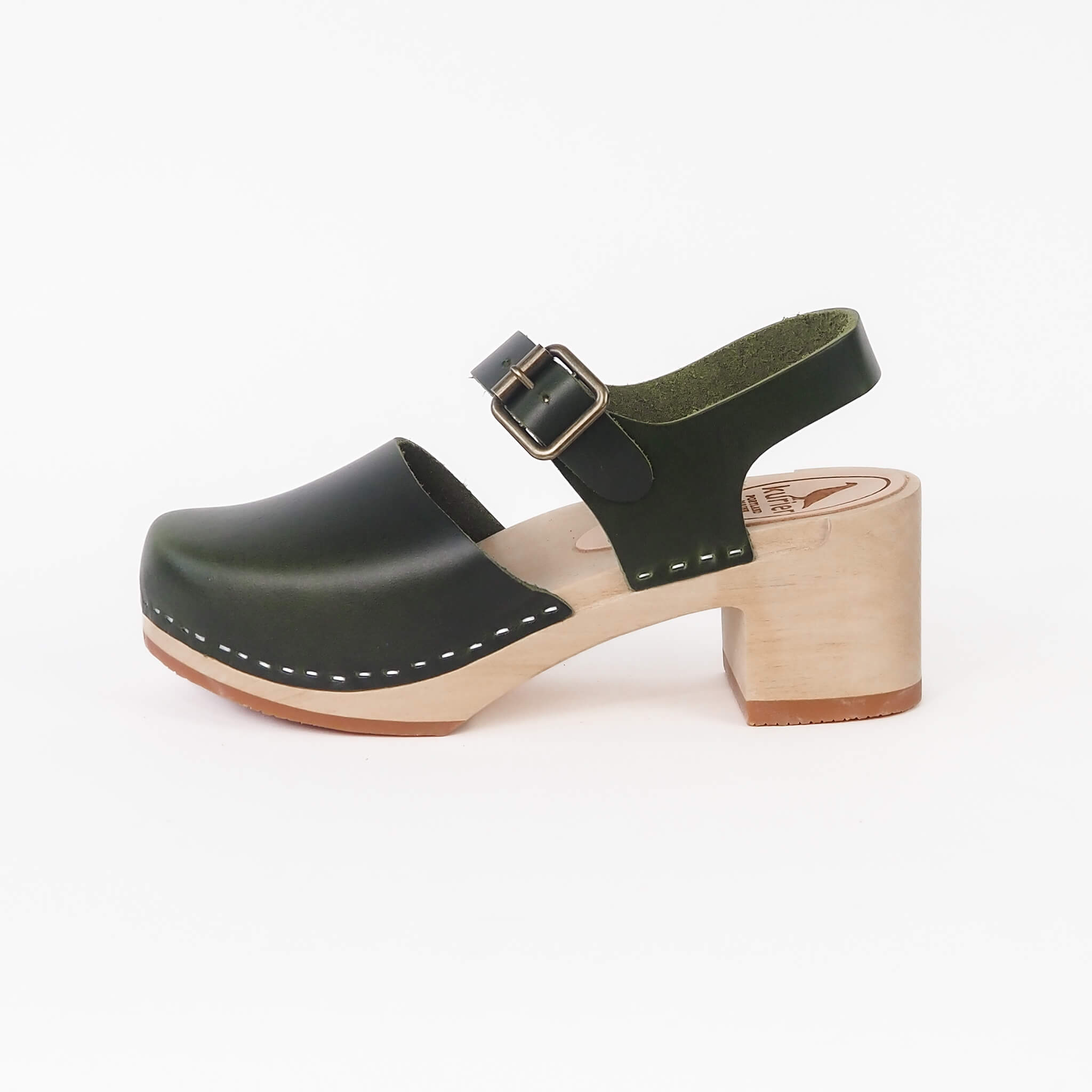charlie clog high heel closed toe handmade leather/wood - olive side view
