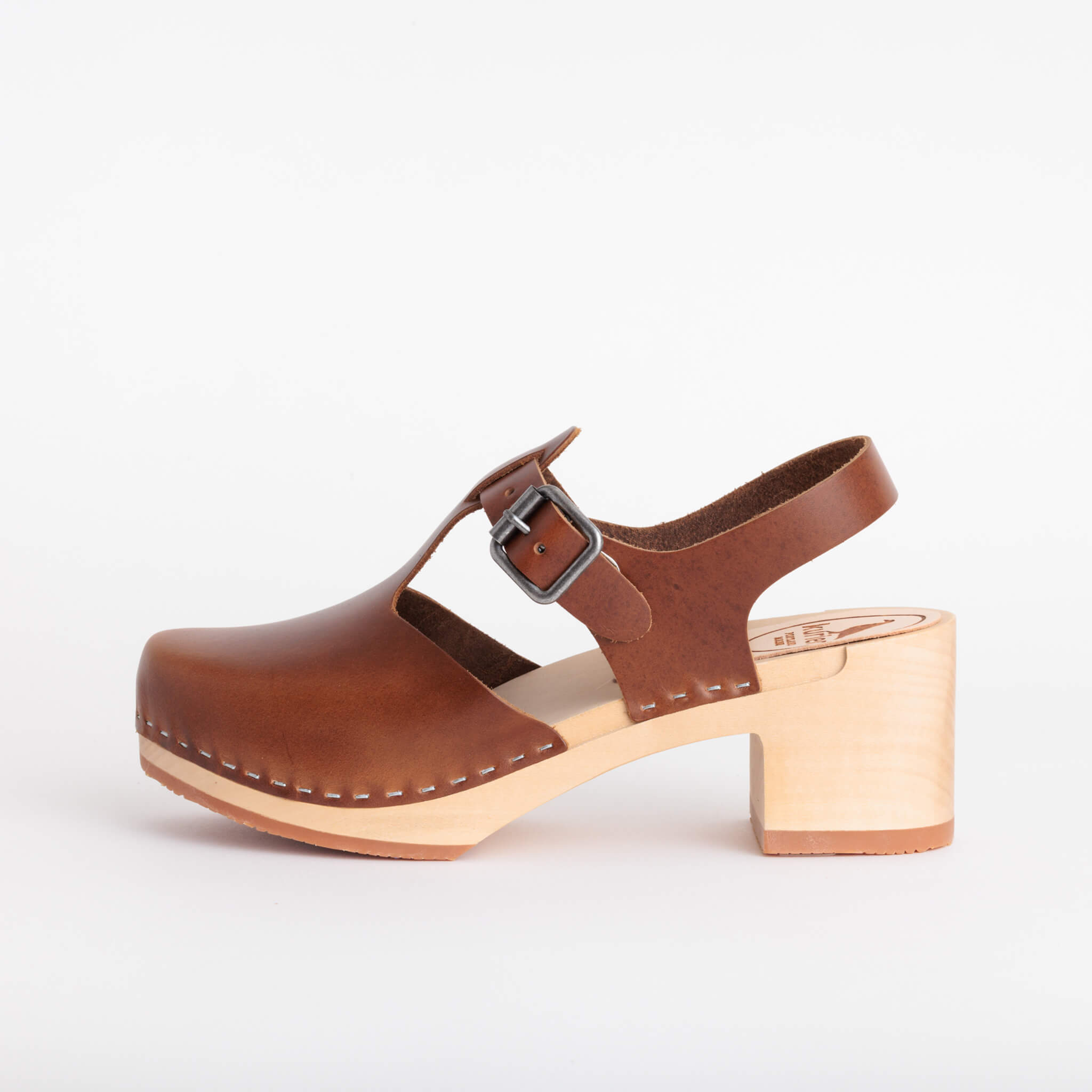 doris clog high heel closed toe handmade italian leather wood - pecan side view