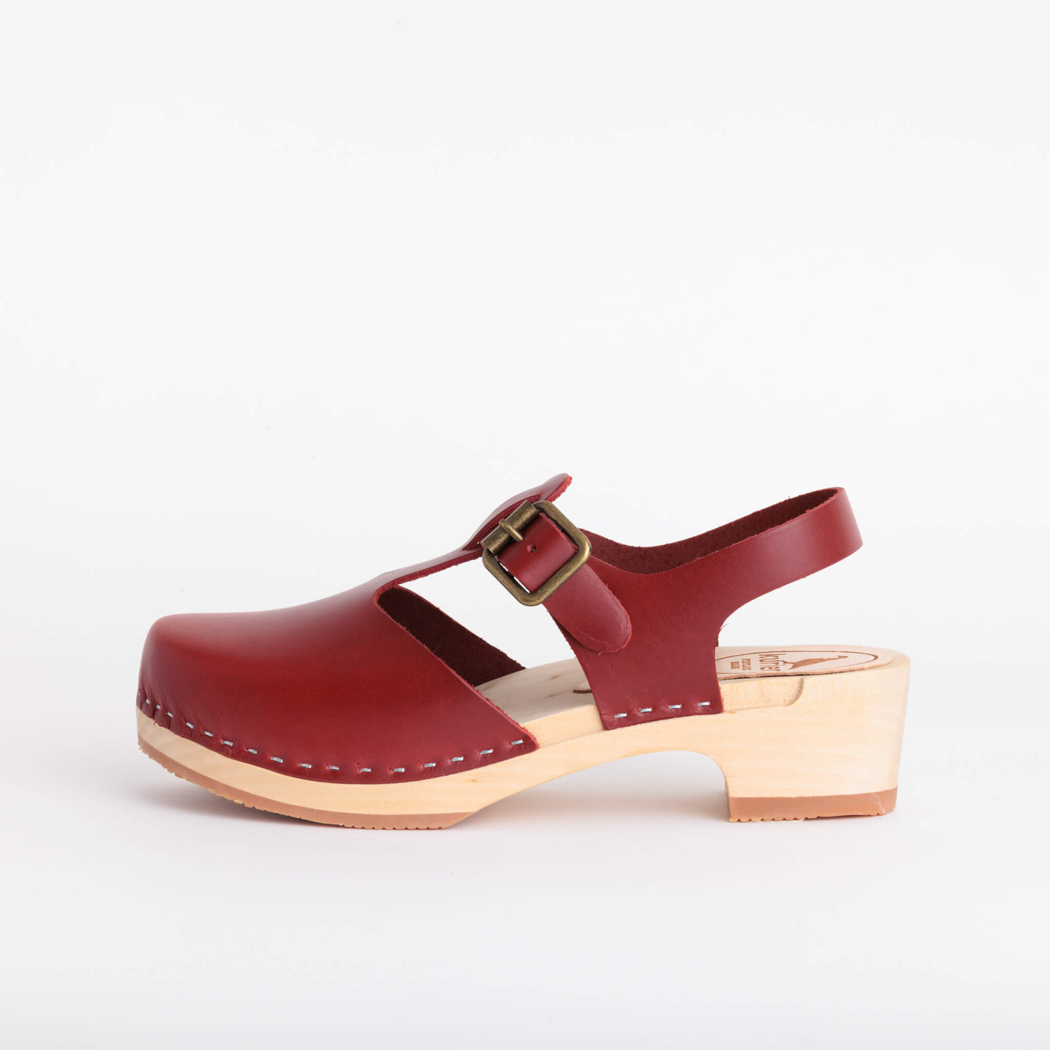 doris clog low heel closed toe handmade italian leather wood - cherry side view