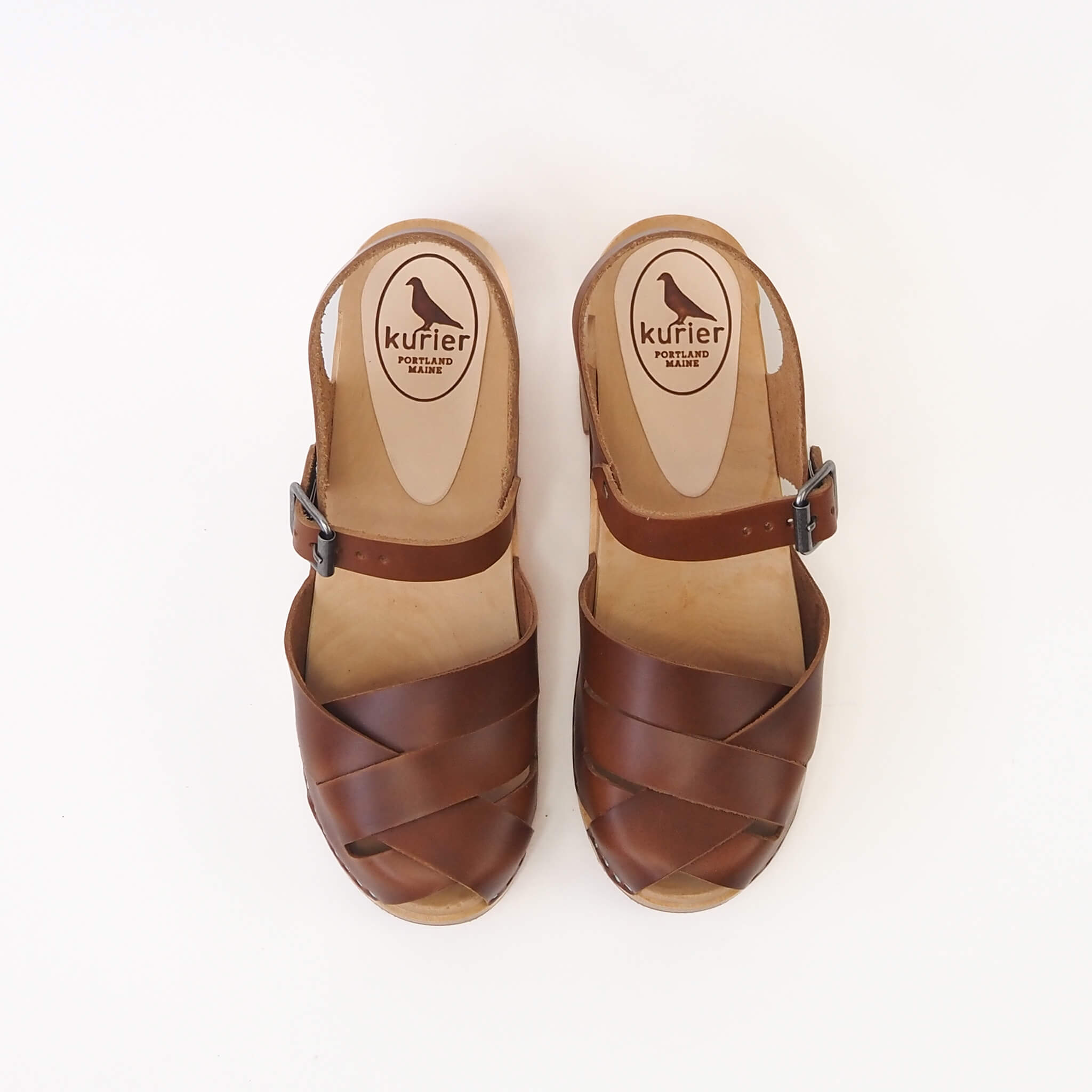emelia clog high heel peep toe mary janesandal handmade american leather wood - pecan top view