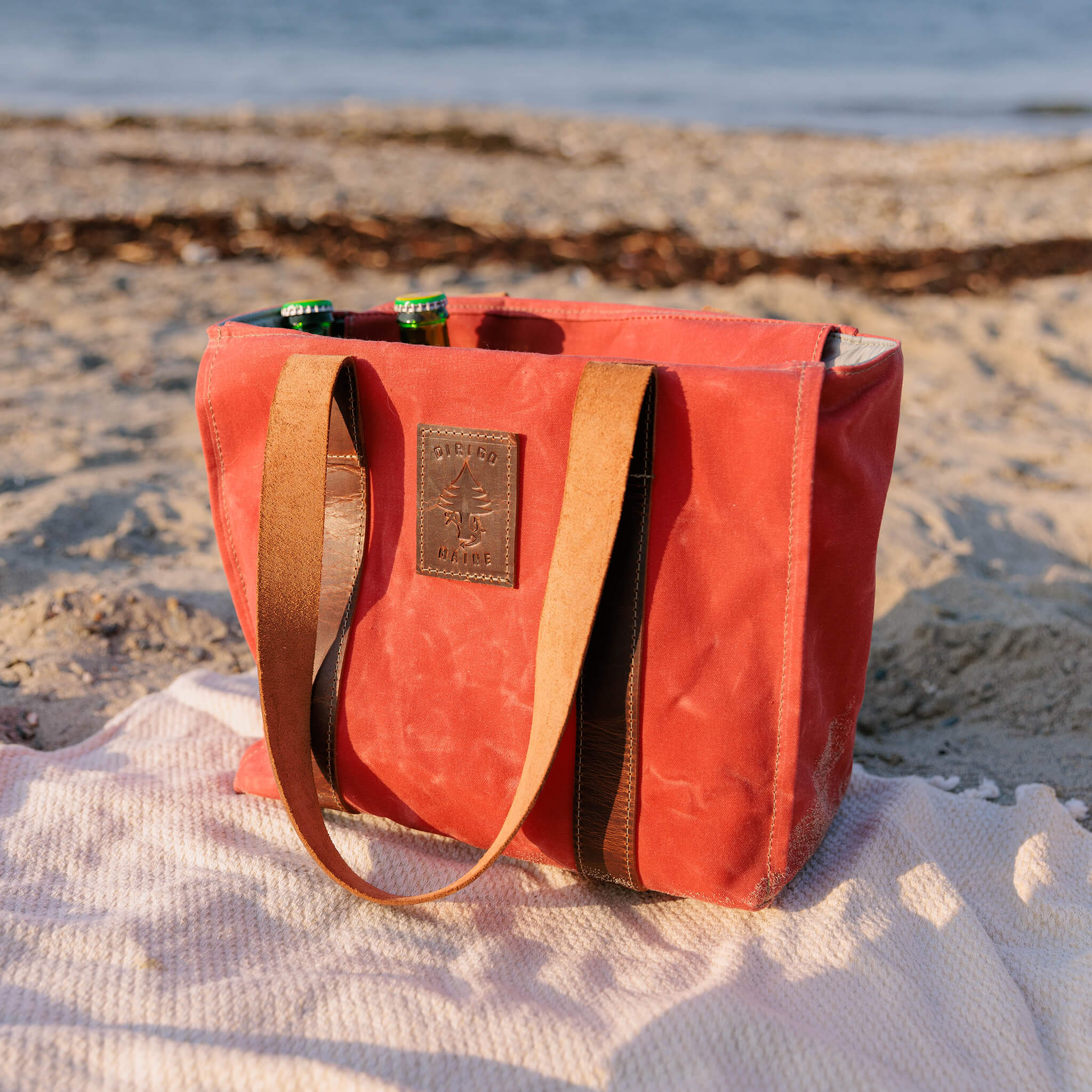 insulated canvas tote - utility bag - handmade cotton & leather - vineyard red front view