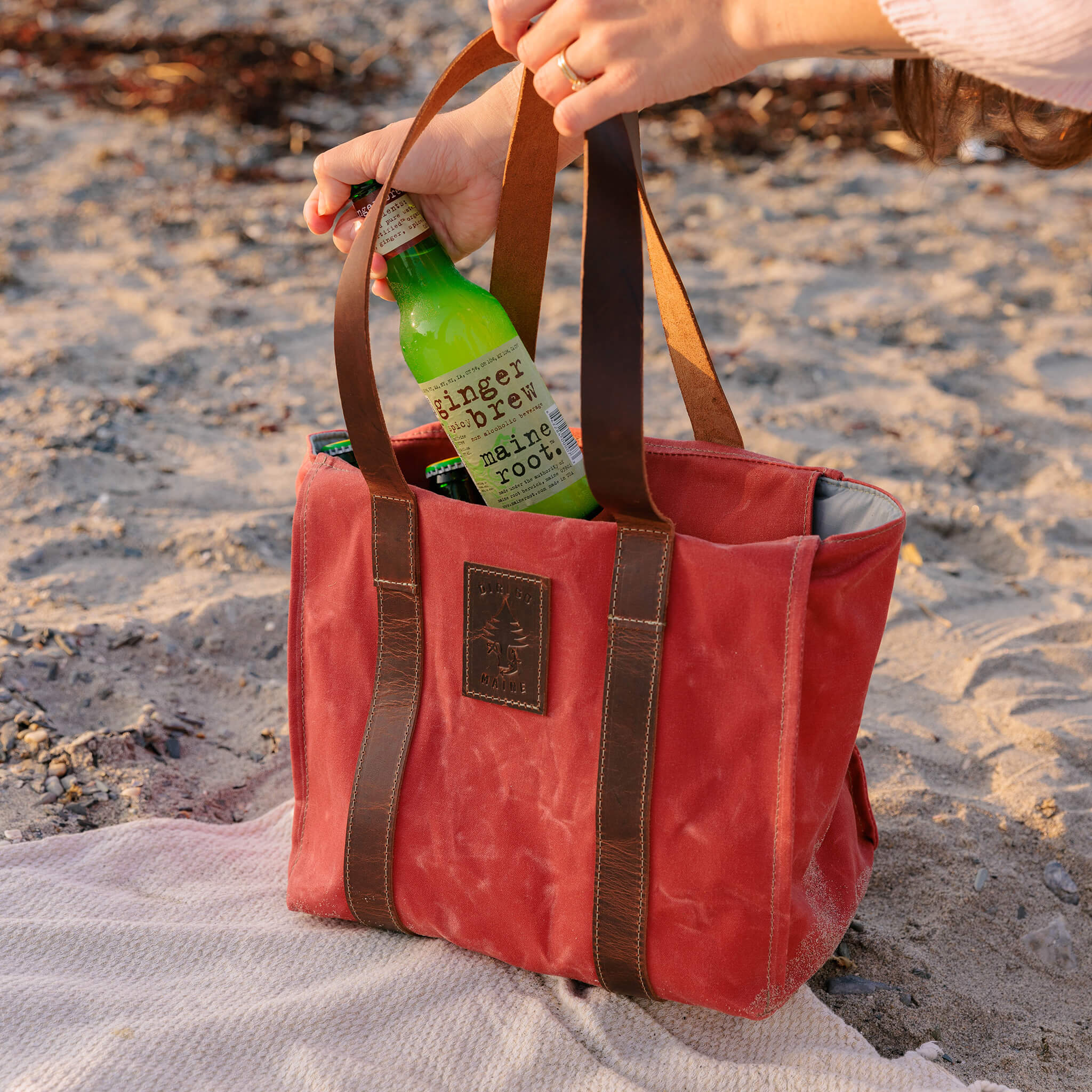 insulated canvas tote - utility bag - handmade cotton & leather - vineyard red beach view