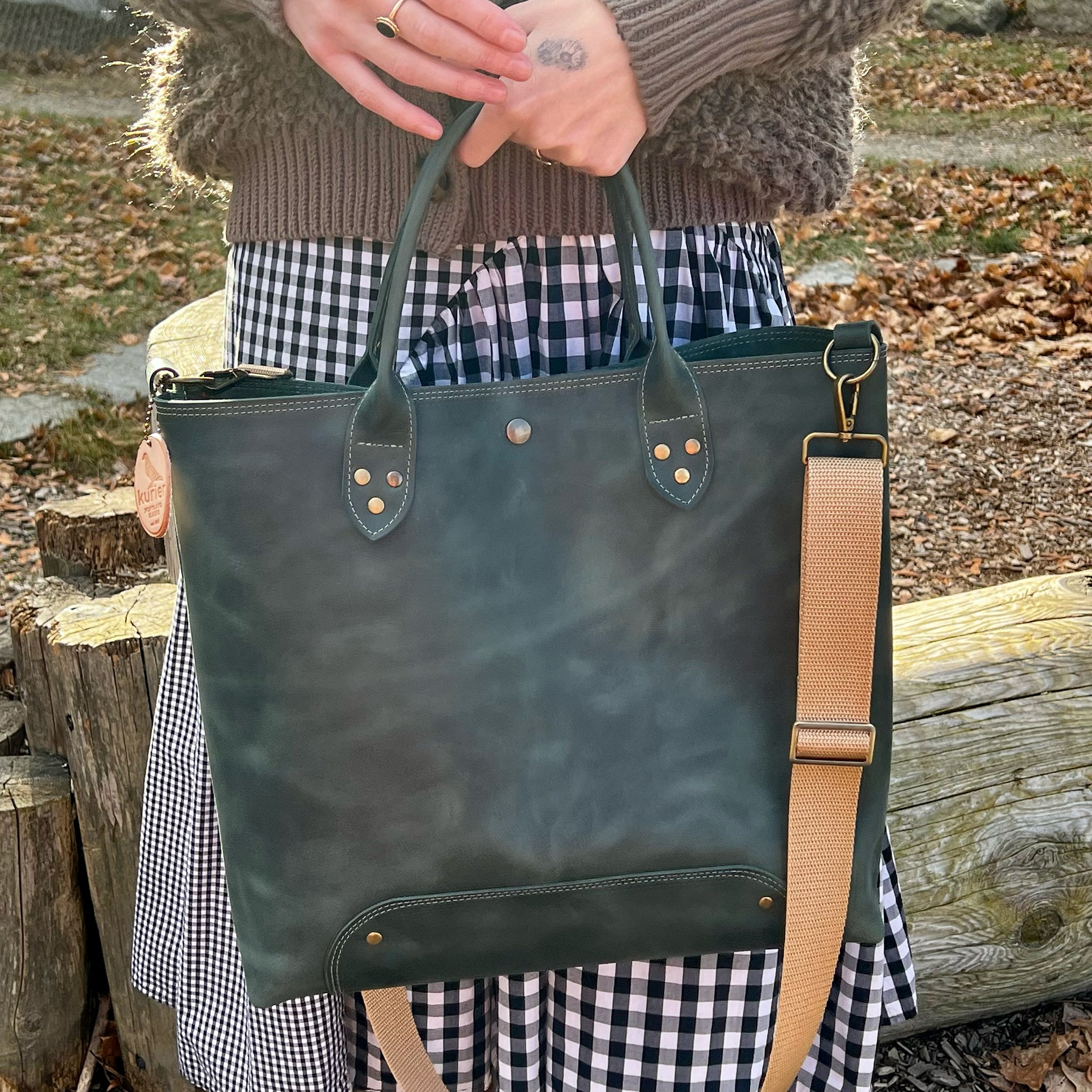 maine tote crossbody travel bag - handmade leather - marine