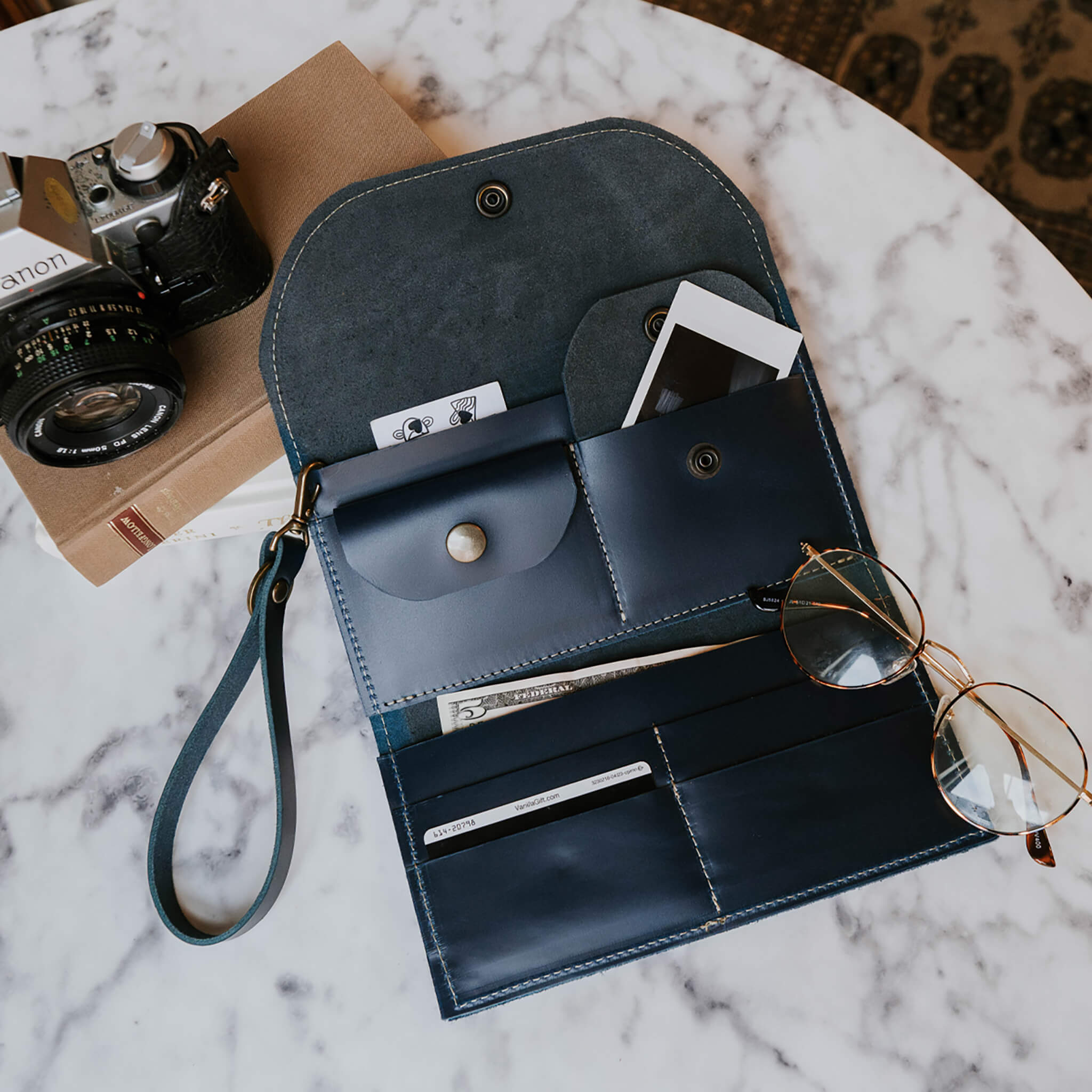 millie wallet large trifold clutch handmade leather - denim open view