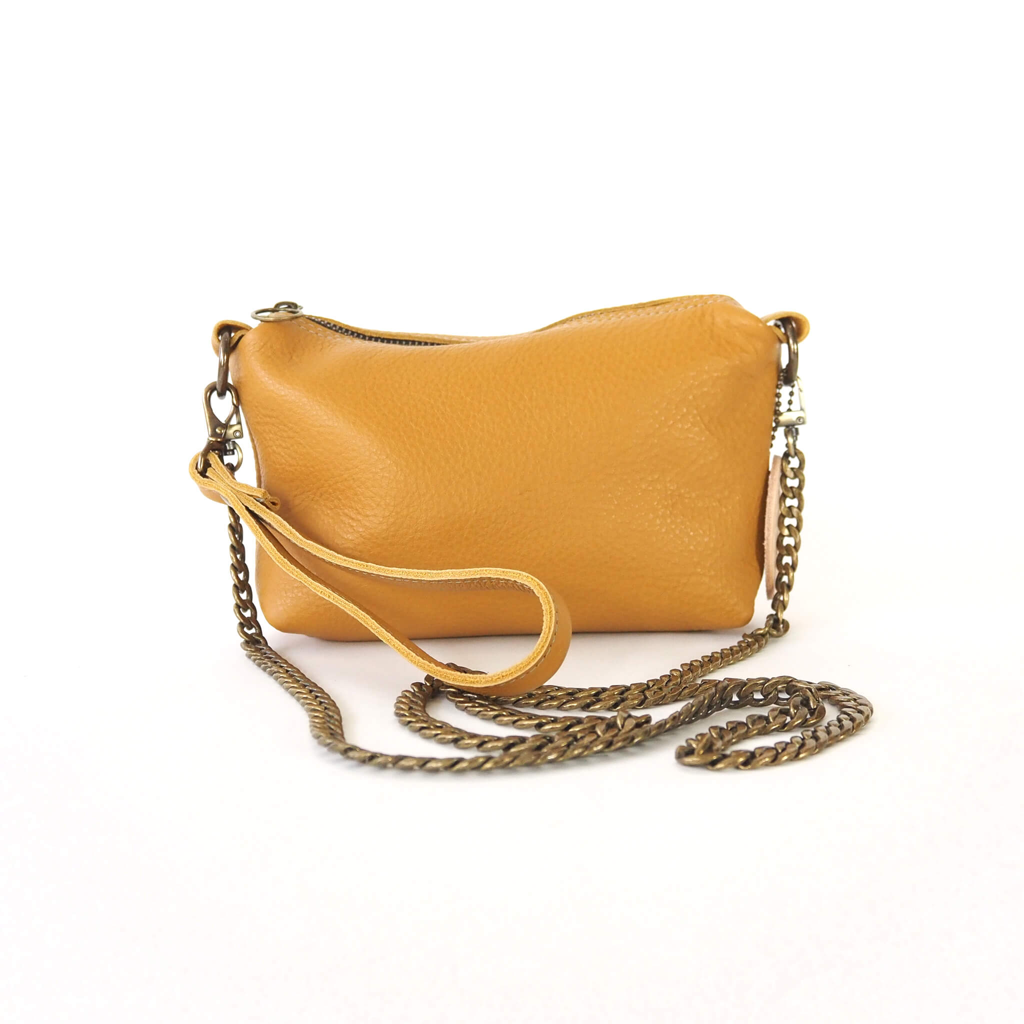 molly crossbody clutch wristlet - handmade leather - marigold front view