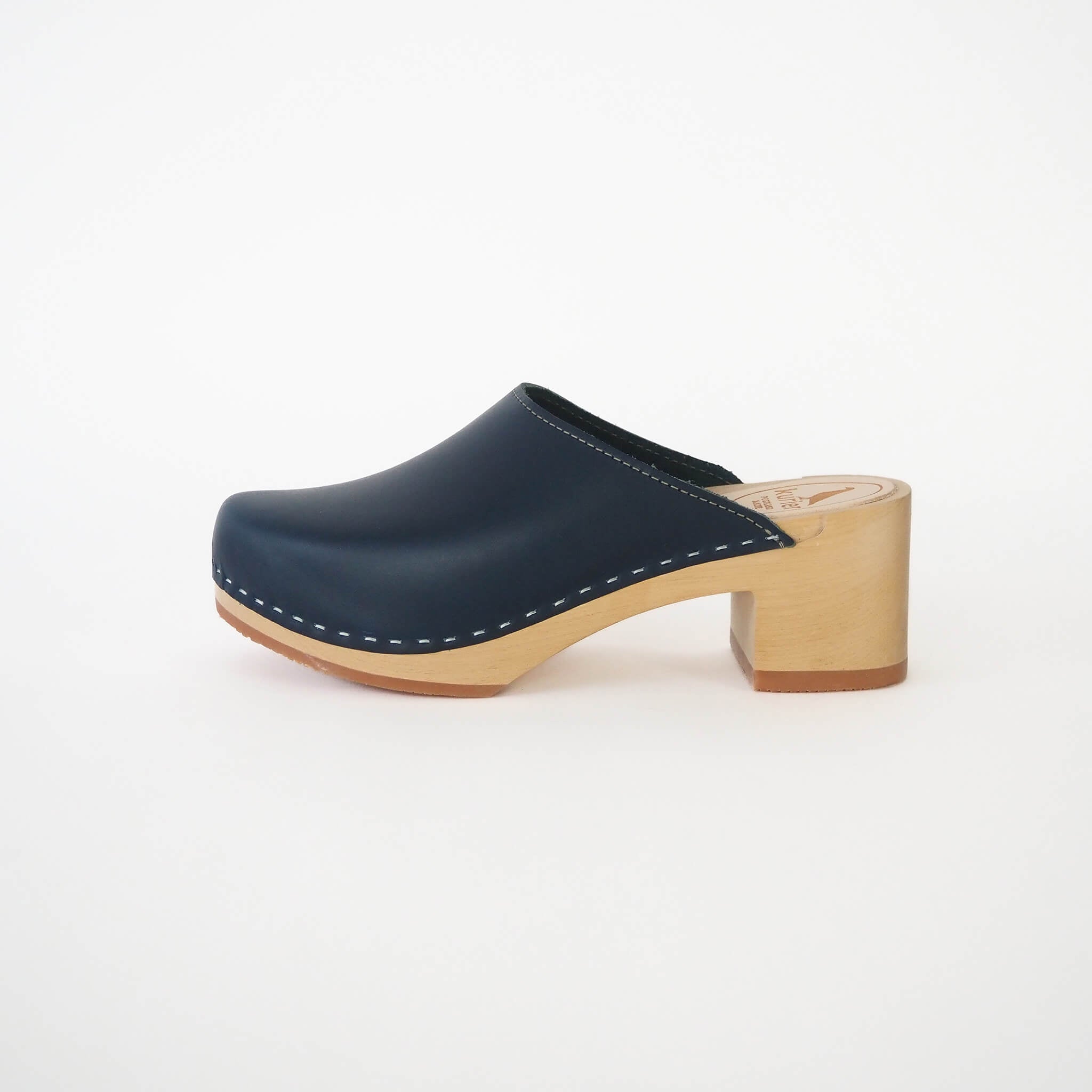 pepper clog high heel closed toe mule handmade american leather wood - denim side view