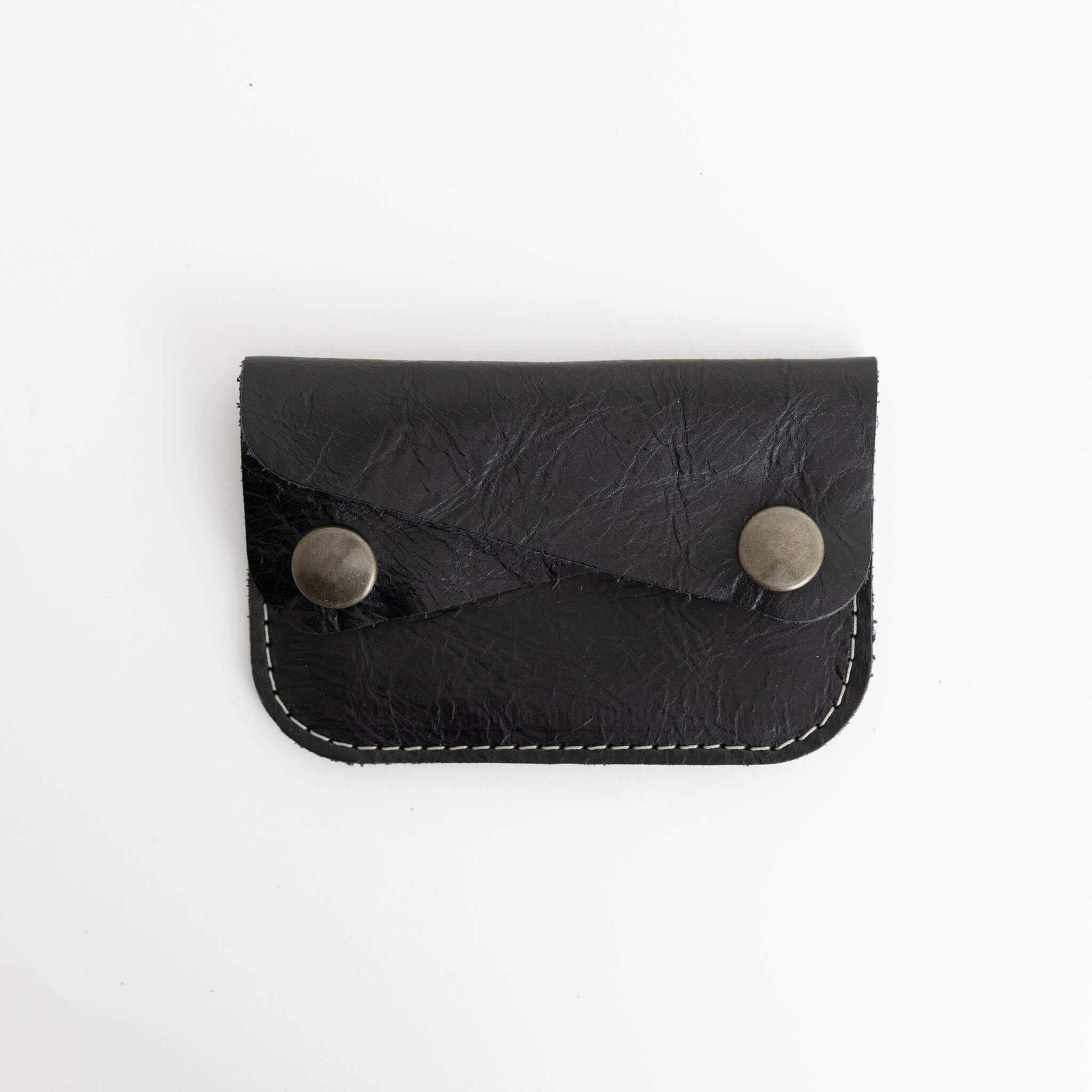 river card wallet - unisex double snap - handmade leather - black front view