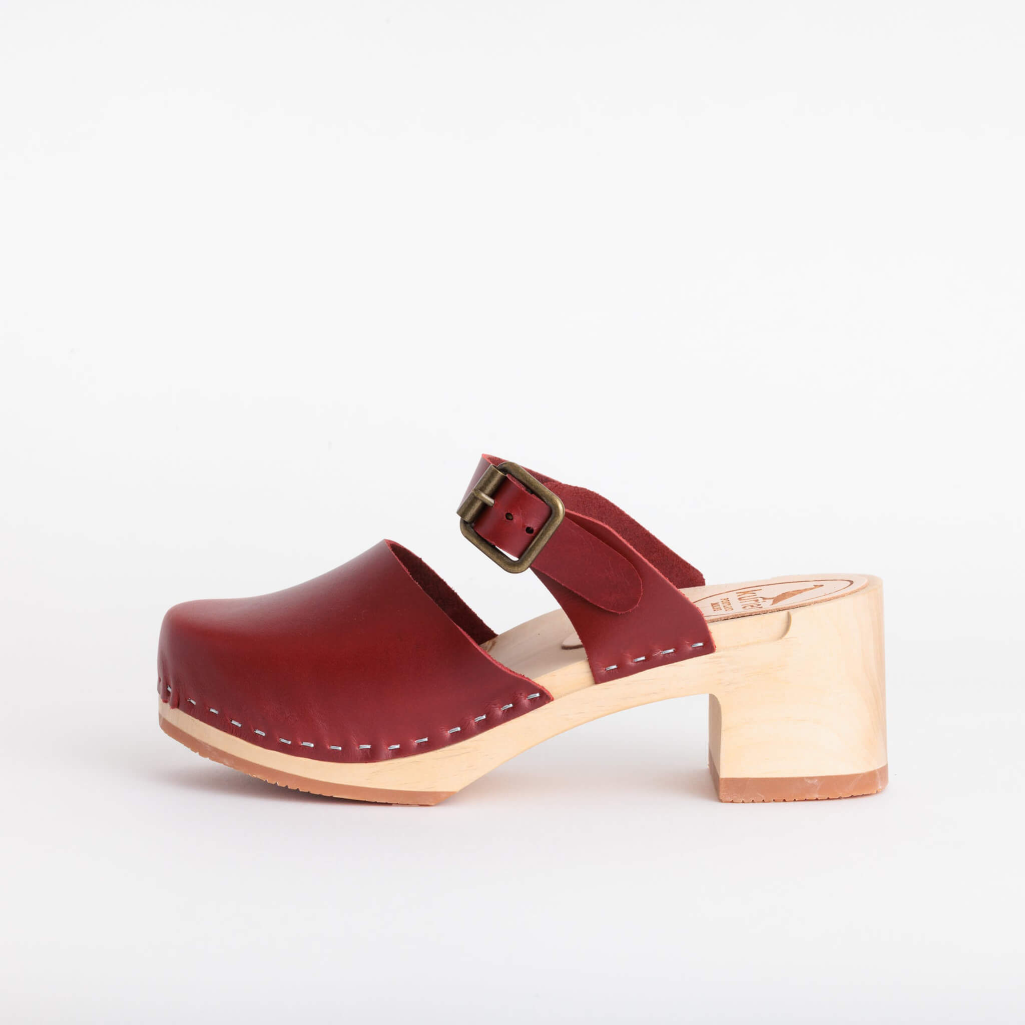 tessa clog high heel closed toe handmade italian leather wood - cherry side view