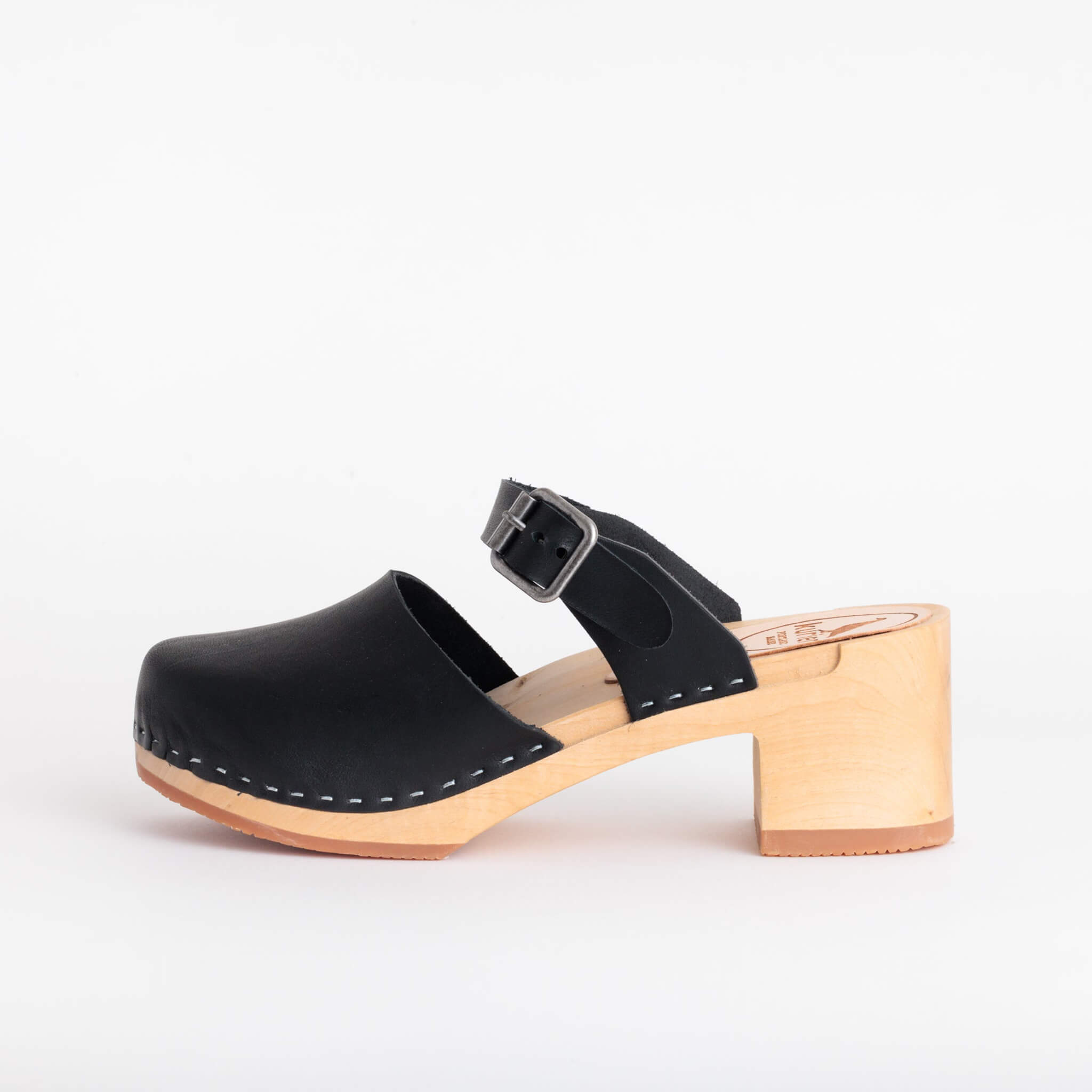 tessa clog high heel closed toe handmade italian leather wood - coal side view