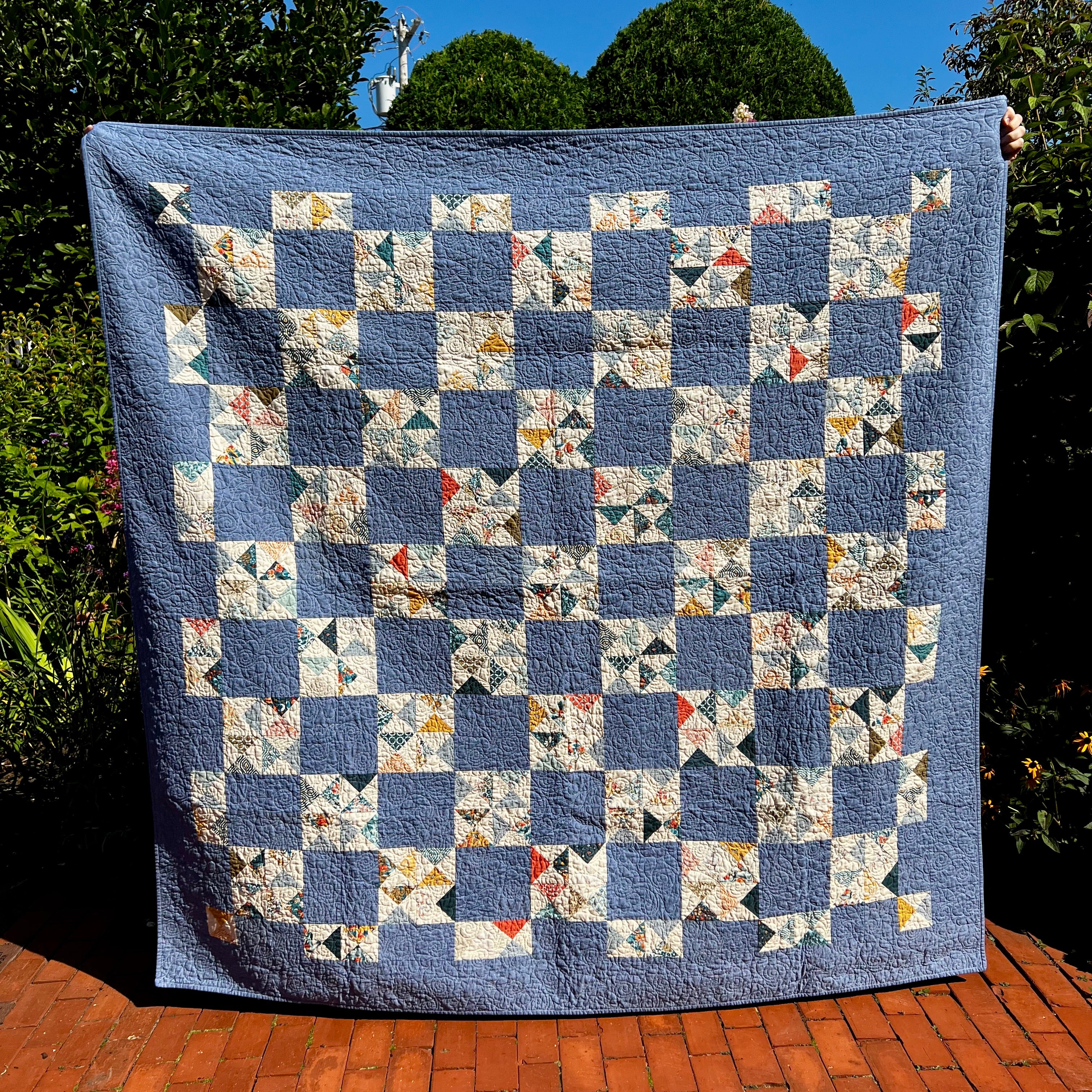 broken dishes - pinwheel pattern handmade quilt - chambray fabric