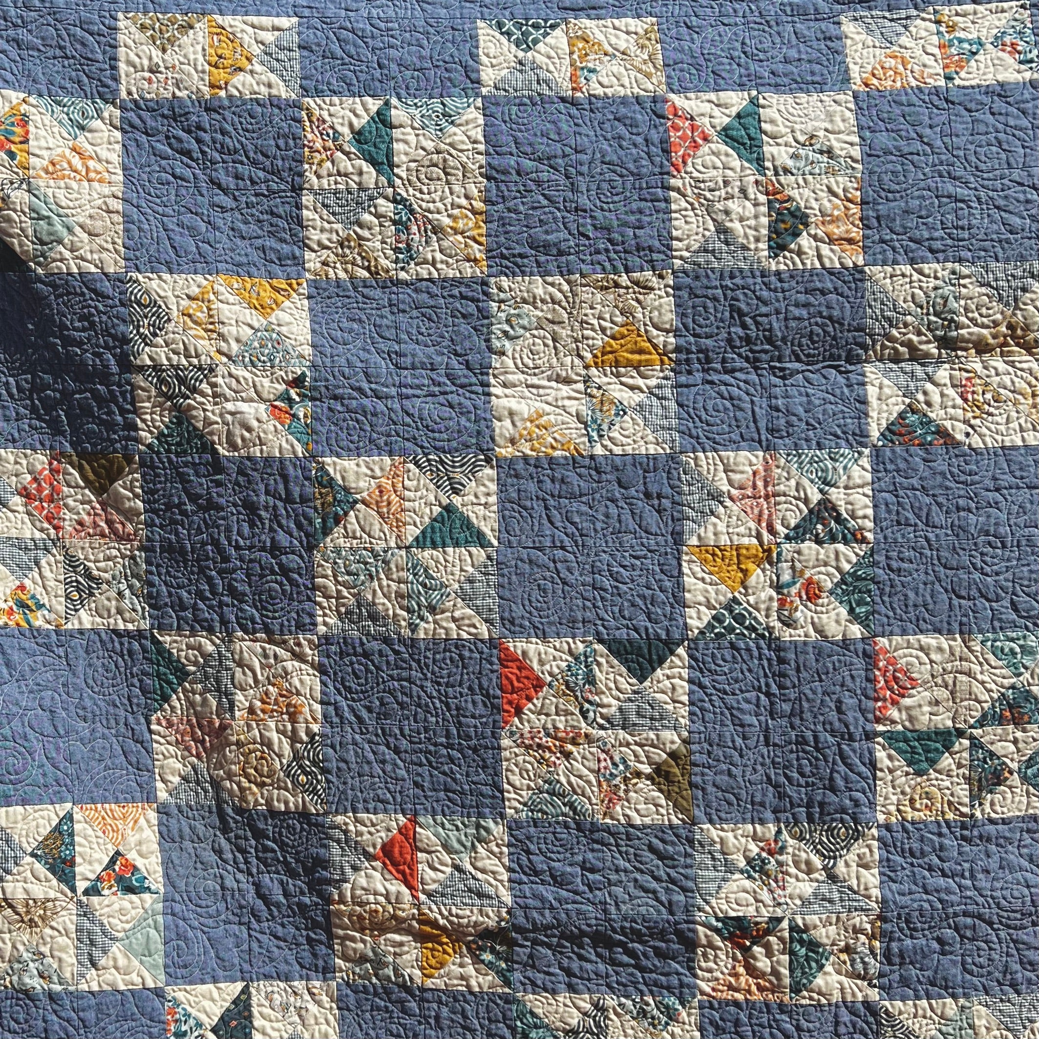 broken dishes - pinwheel pattern handmade quilt - chambray fabric detail