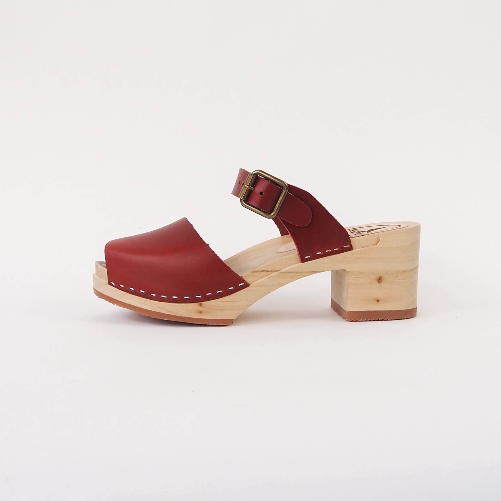 abby clog high heel peep toe mule handmade american leather wood - cherry side view