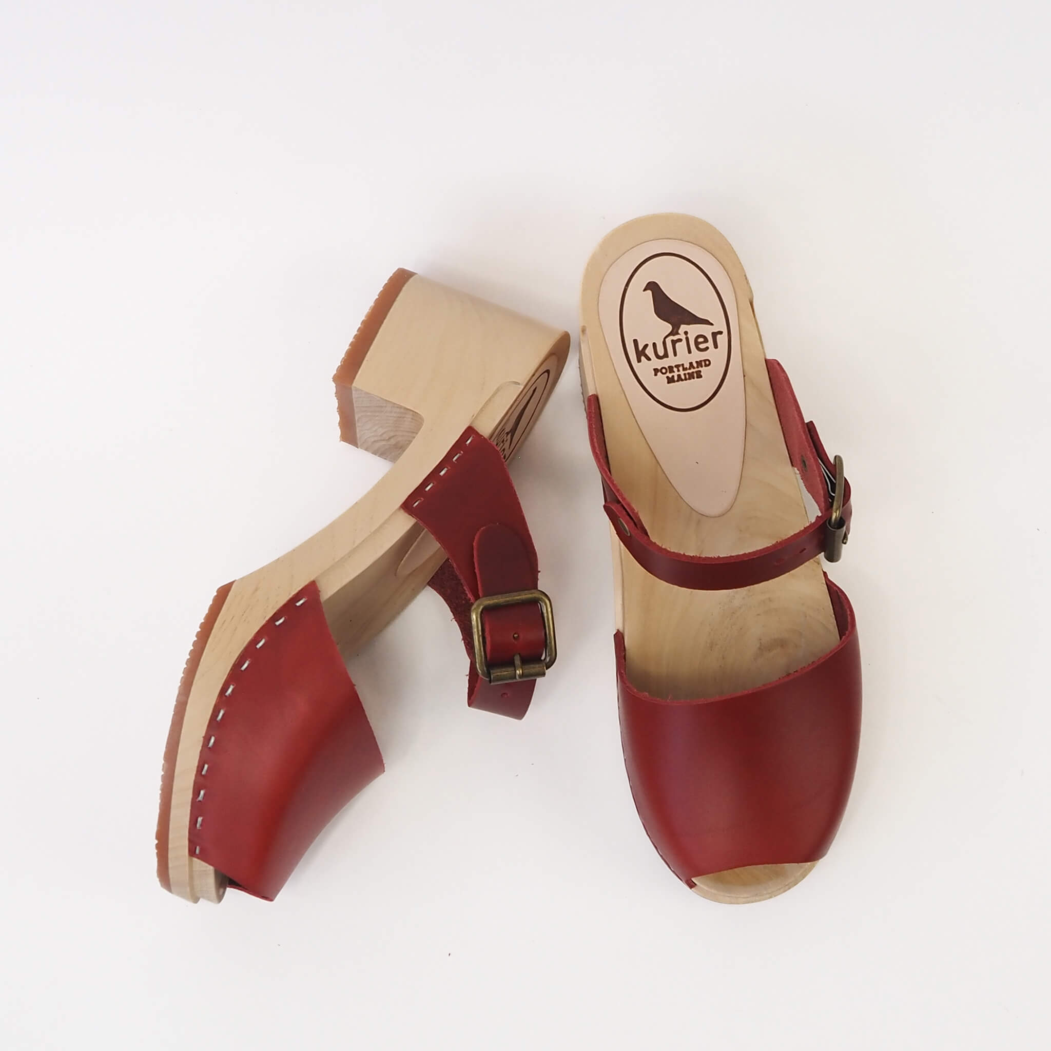 abby clog high heel peep toe mule handmade american leather wood - cherry alt view