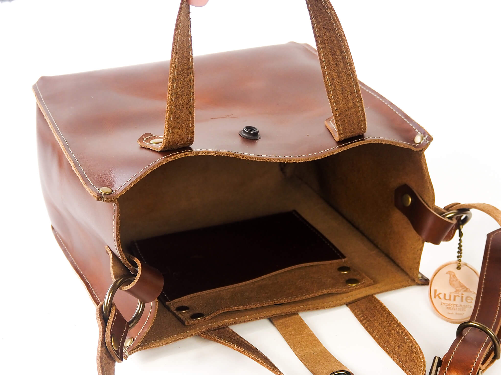 bess handbag tote crossbody handmade leather - pecan inside view