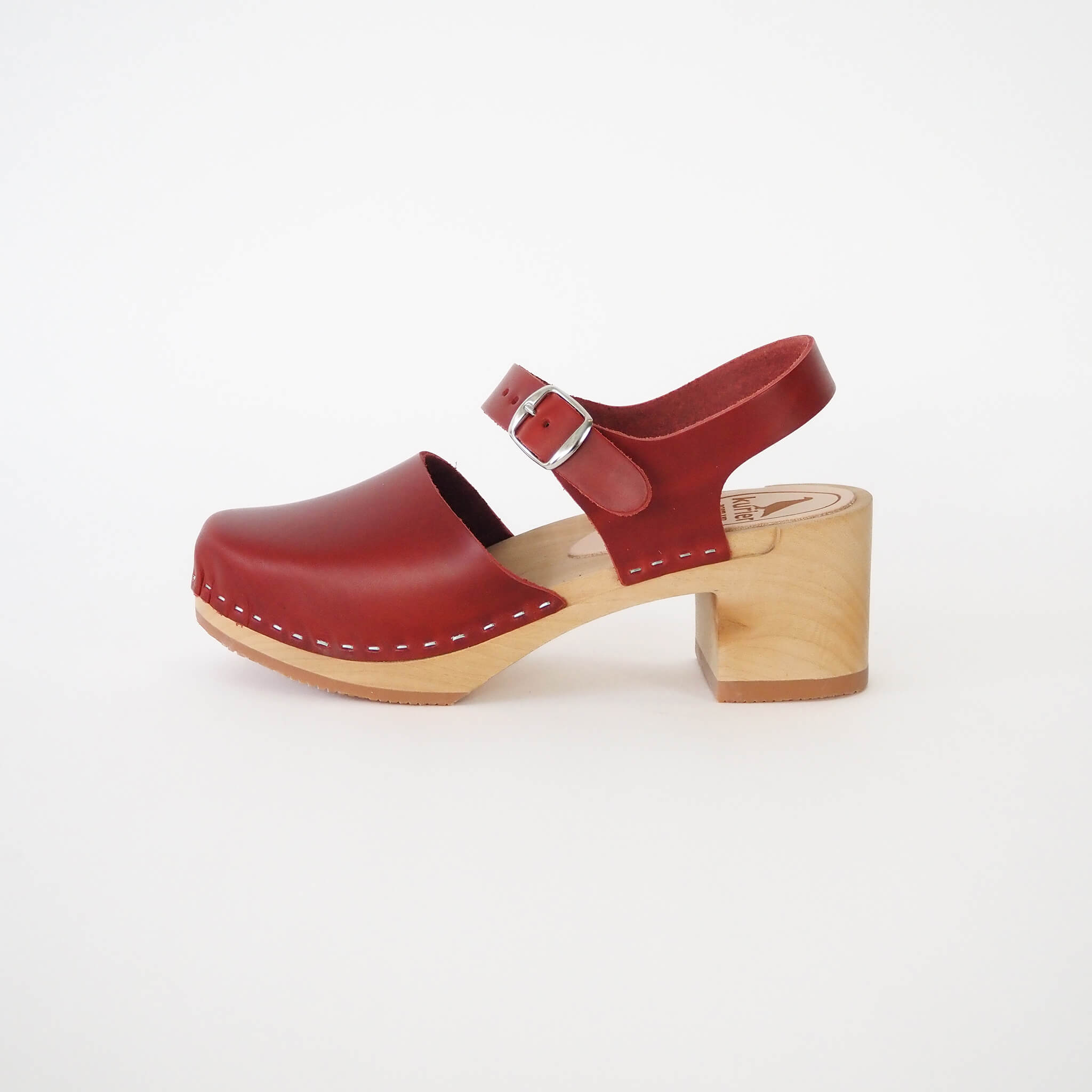 charlie clog high heel closed toe handmade leather/wood - cherry side view
