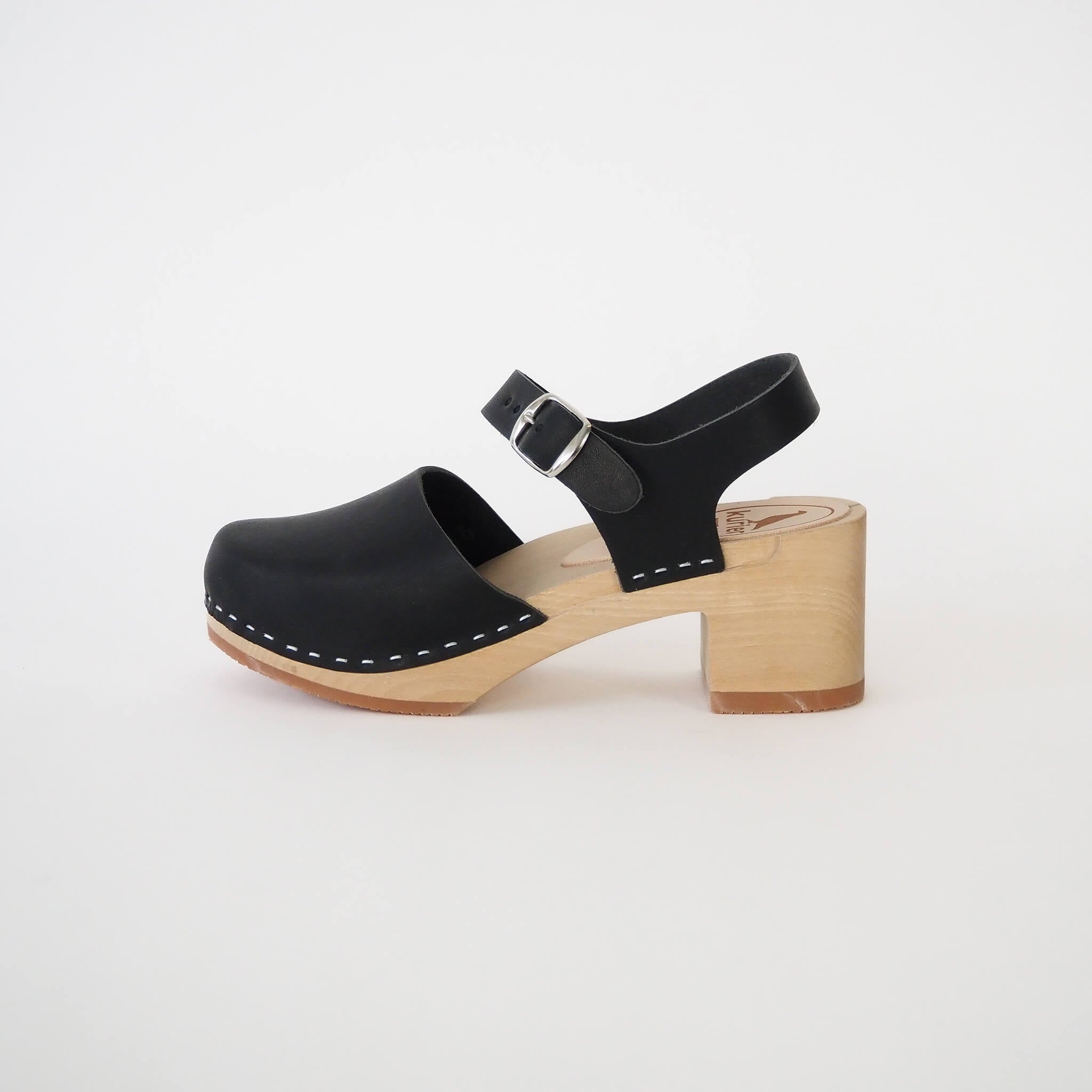 charlie clog high heel closed toe handmade leather/wood - coal side view