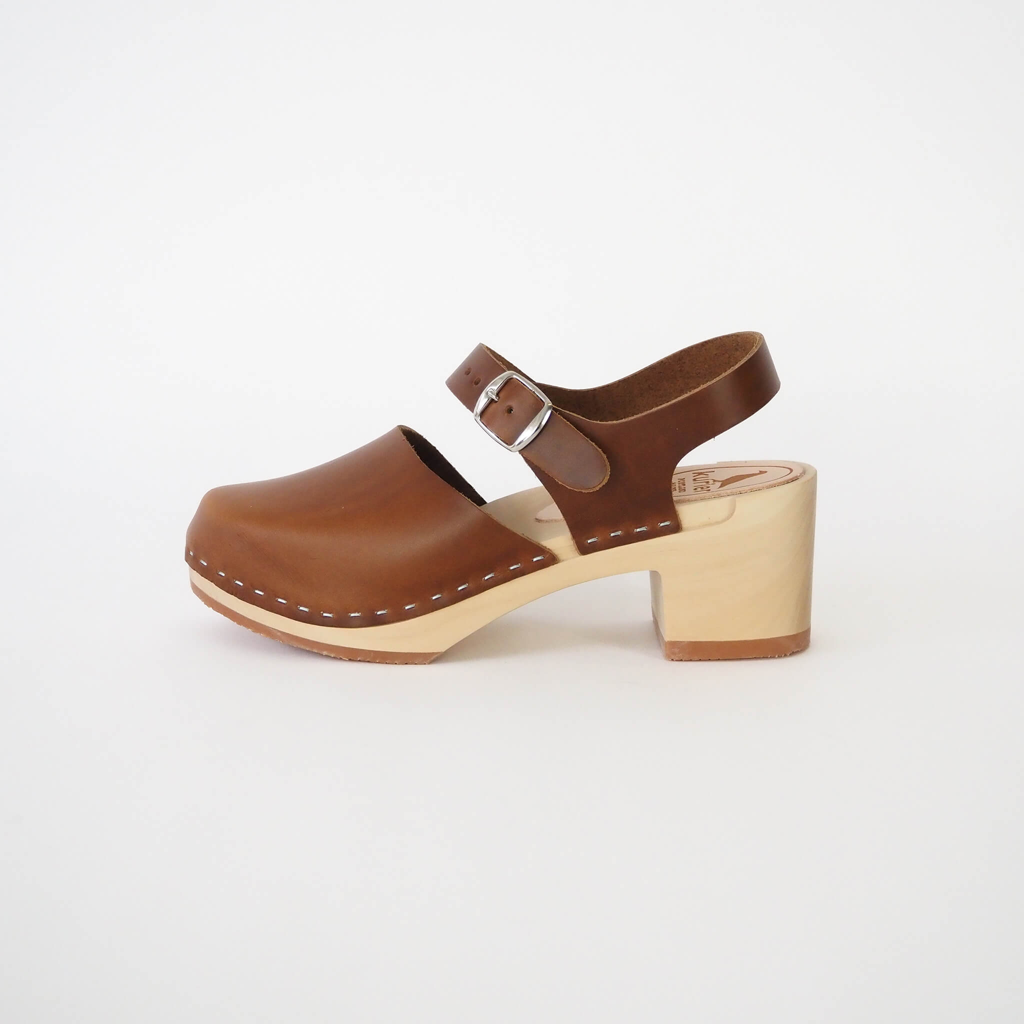 charlie clog high heel closed toe handmade leather/wood - pecan side view