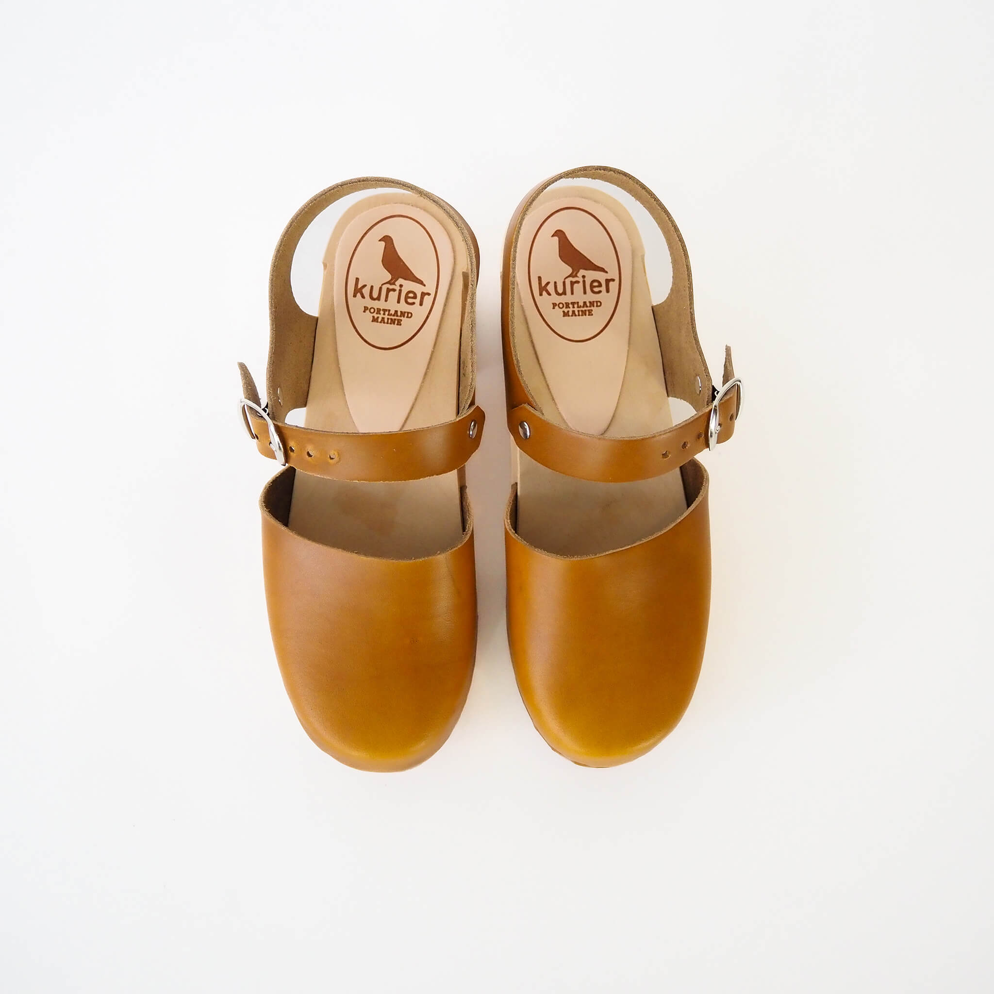 charlie clog high heel closed toe handmade leather/wood- sunflower top view