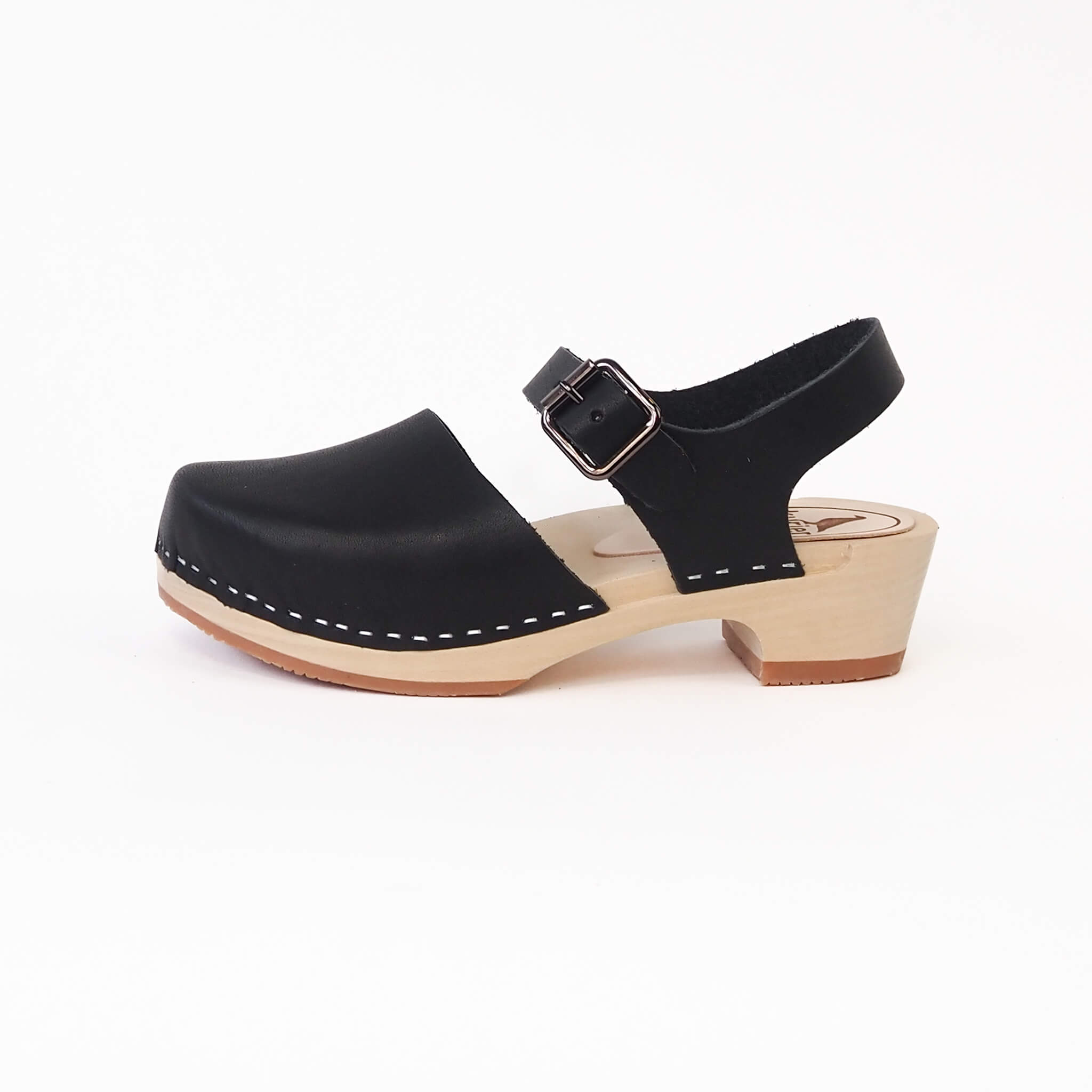 charlie clog low heel closed toe handmade leather/wood - coal side view