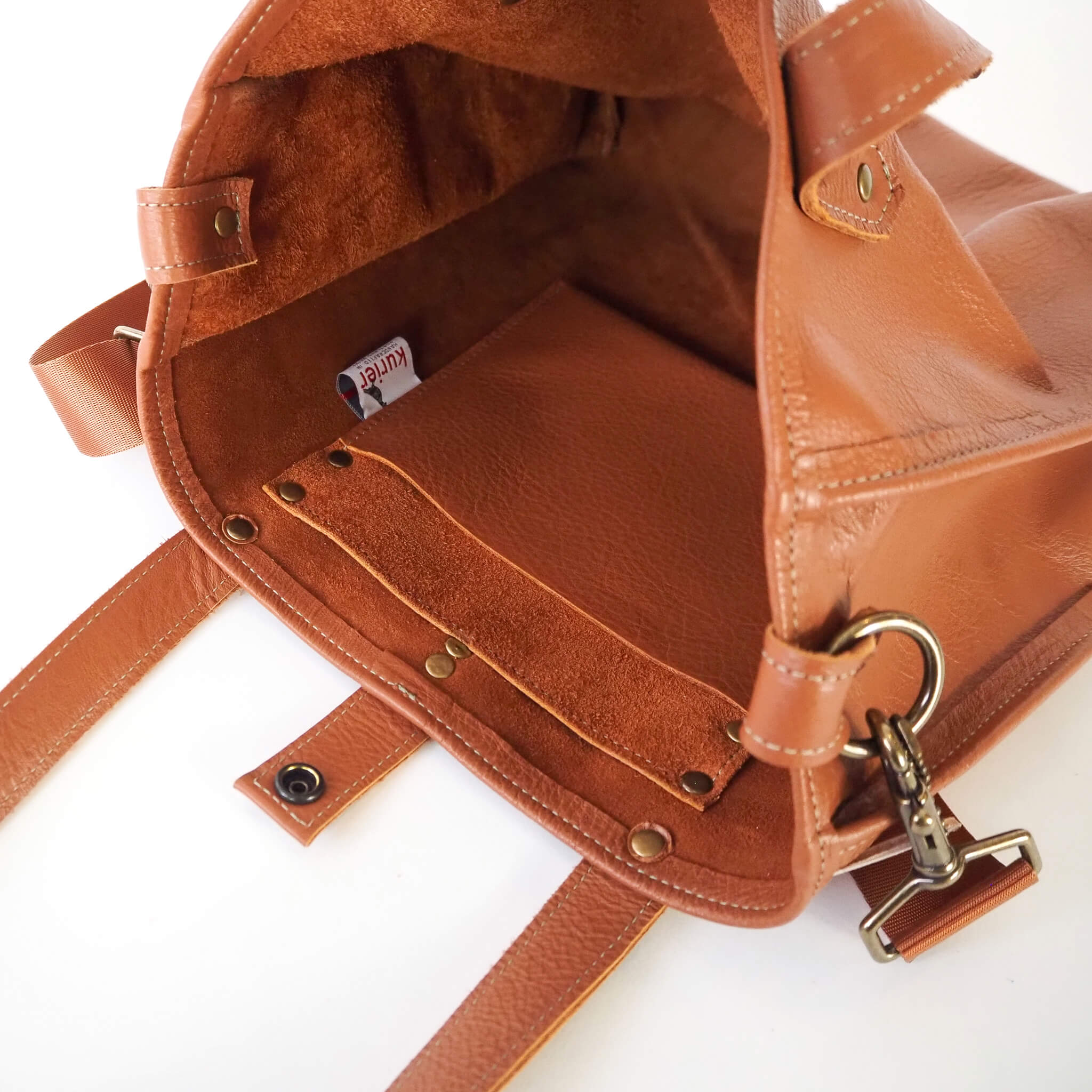 charlotte tote - crossbody, adjustable, travel bag - handmade leather - tawny inside view