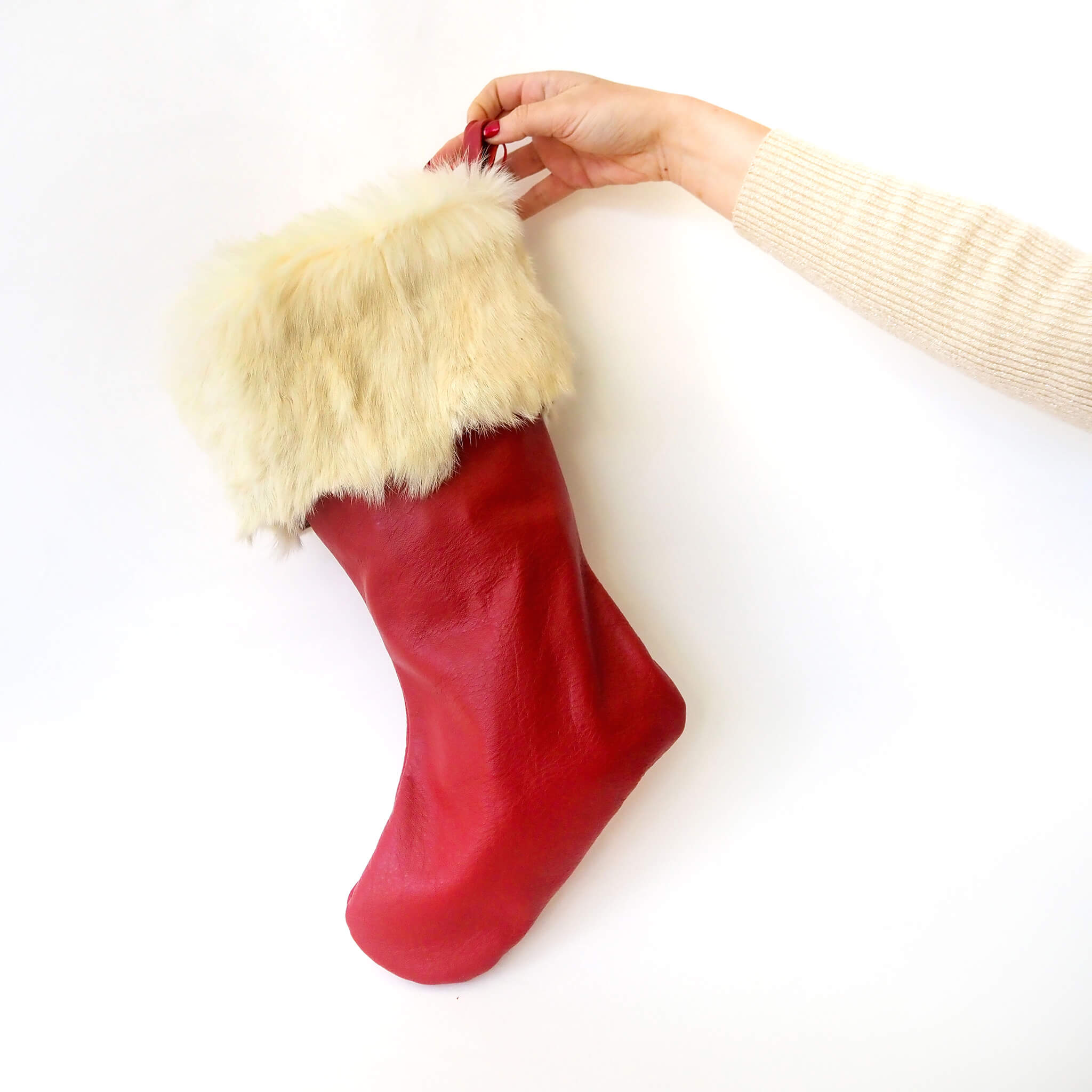 leather & fur christmas stocking - handmade leather - red & white