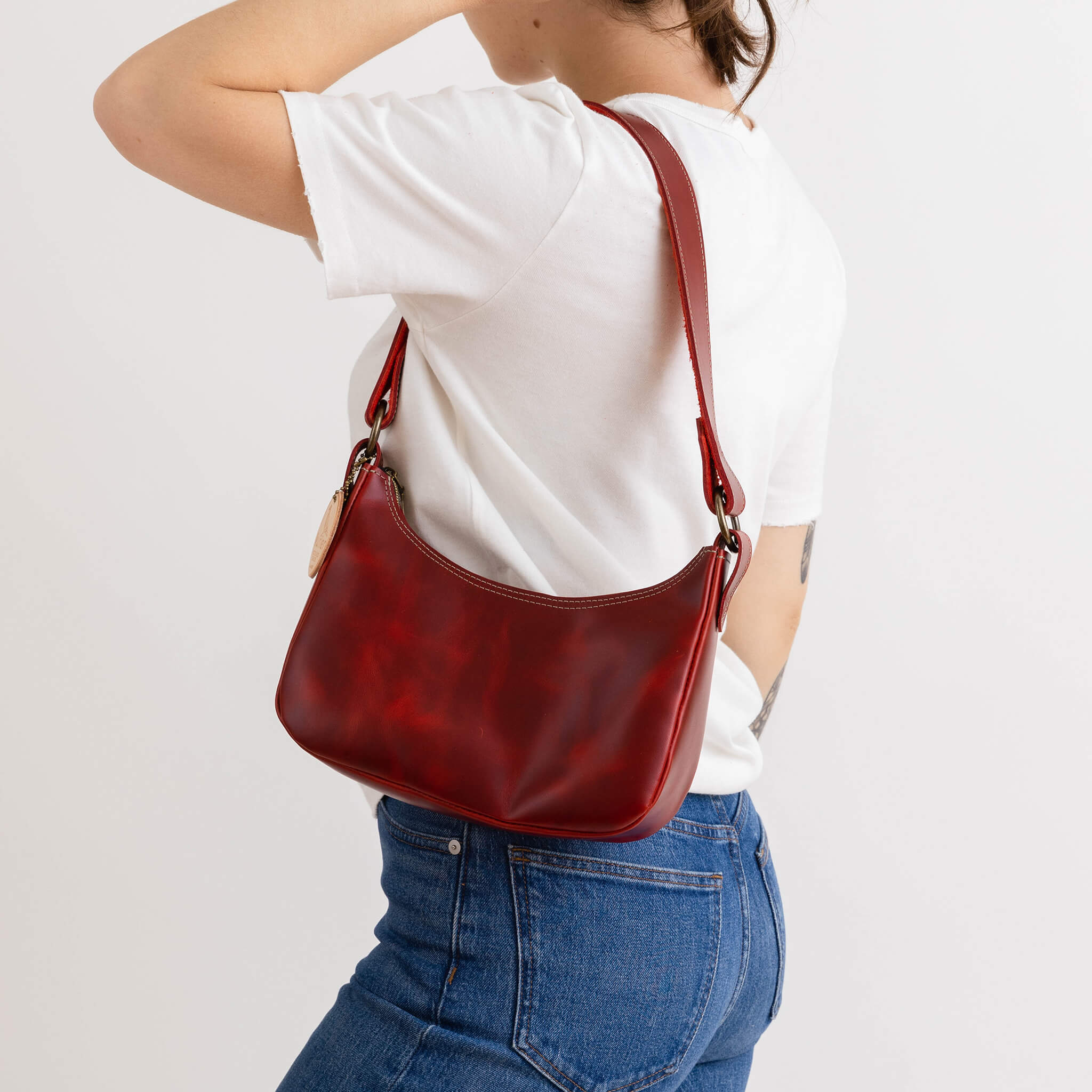 crescent handbag compact zipper -  handmade leather - cherry model view