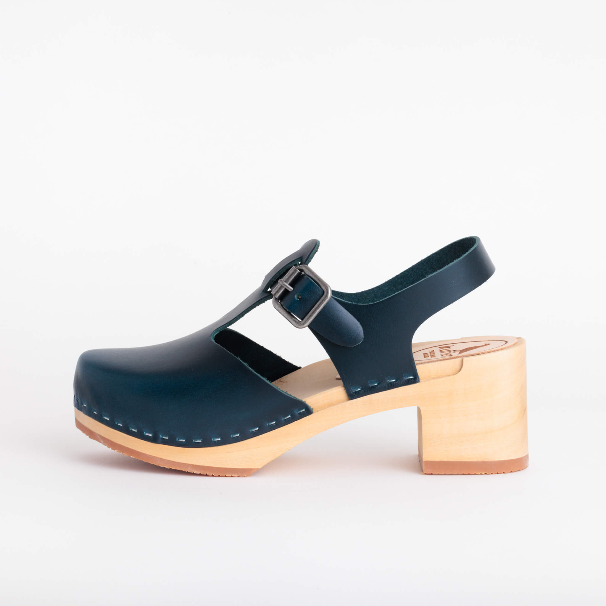 doris clog high heel closed toe handmade italian leather wood - denim side view