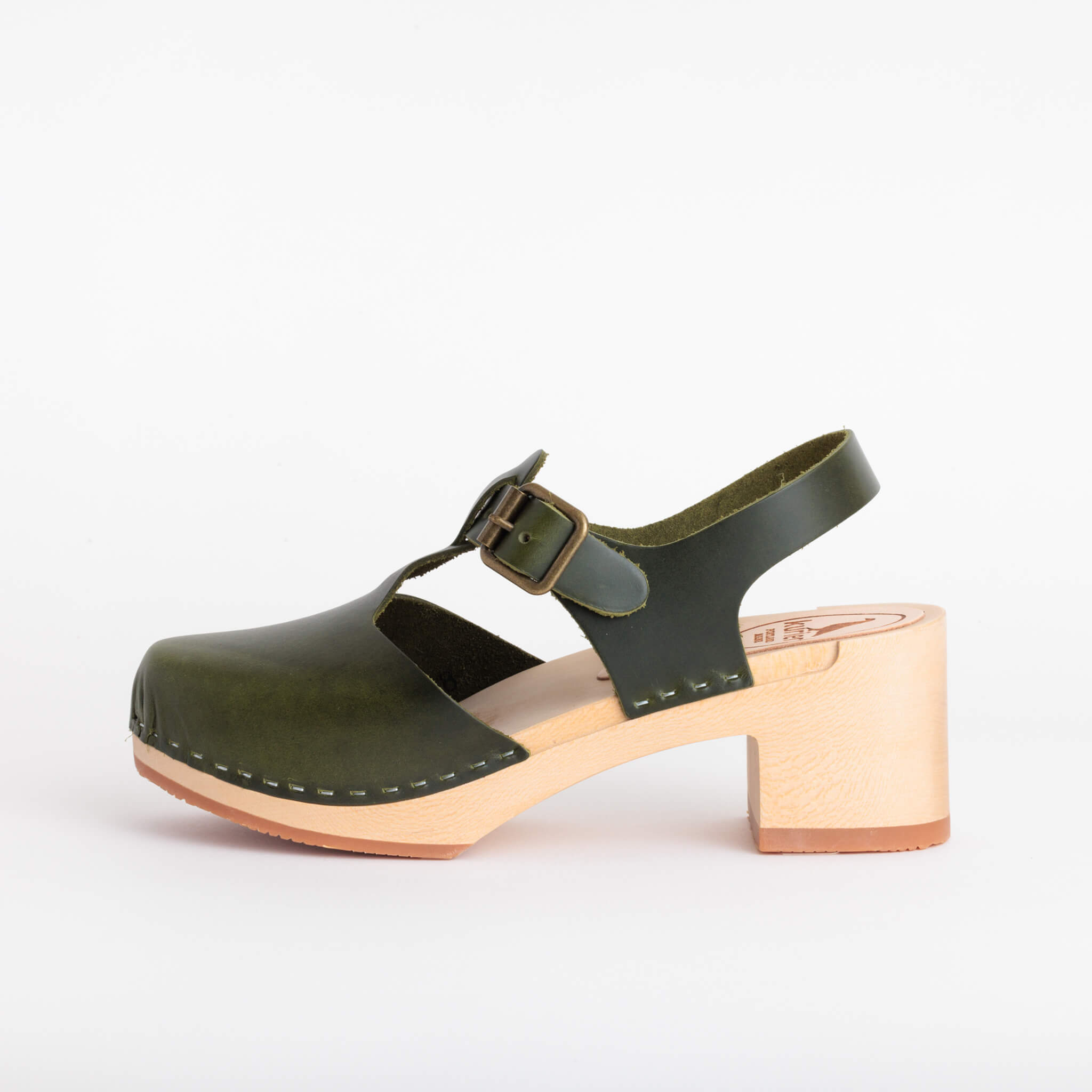 doris clog high heel closed toe handmade italian leather wood - olive side view