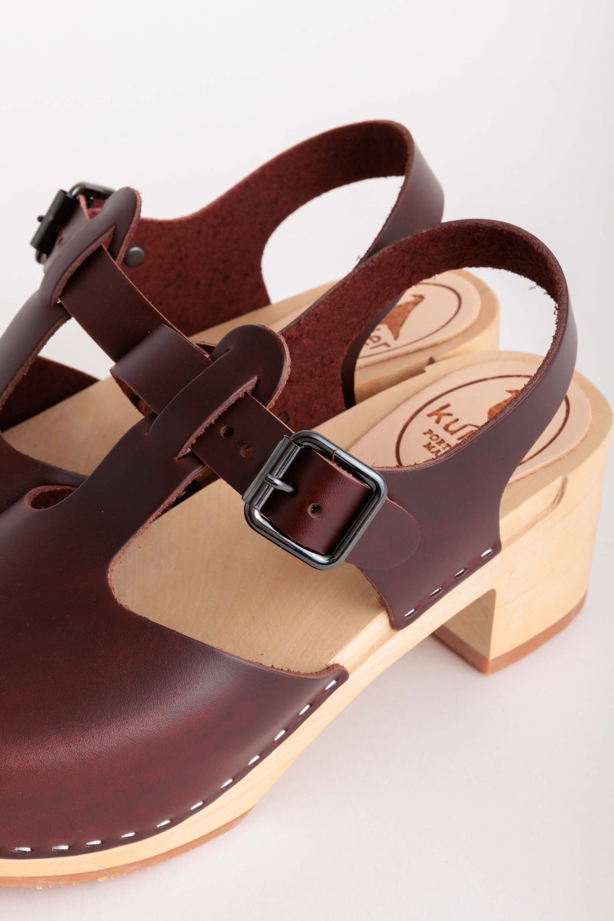 doris clog high heel closed toe handmade italian leather wood - wine detail view