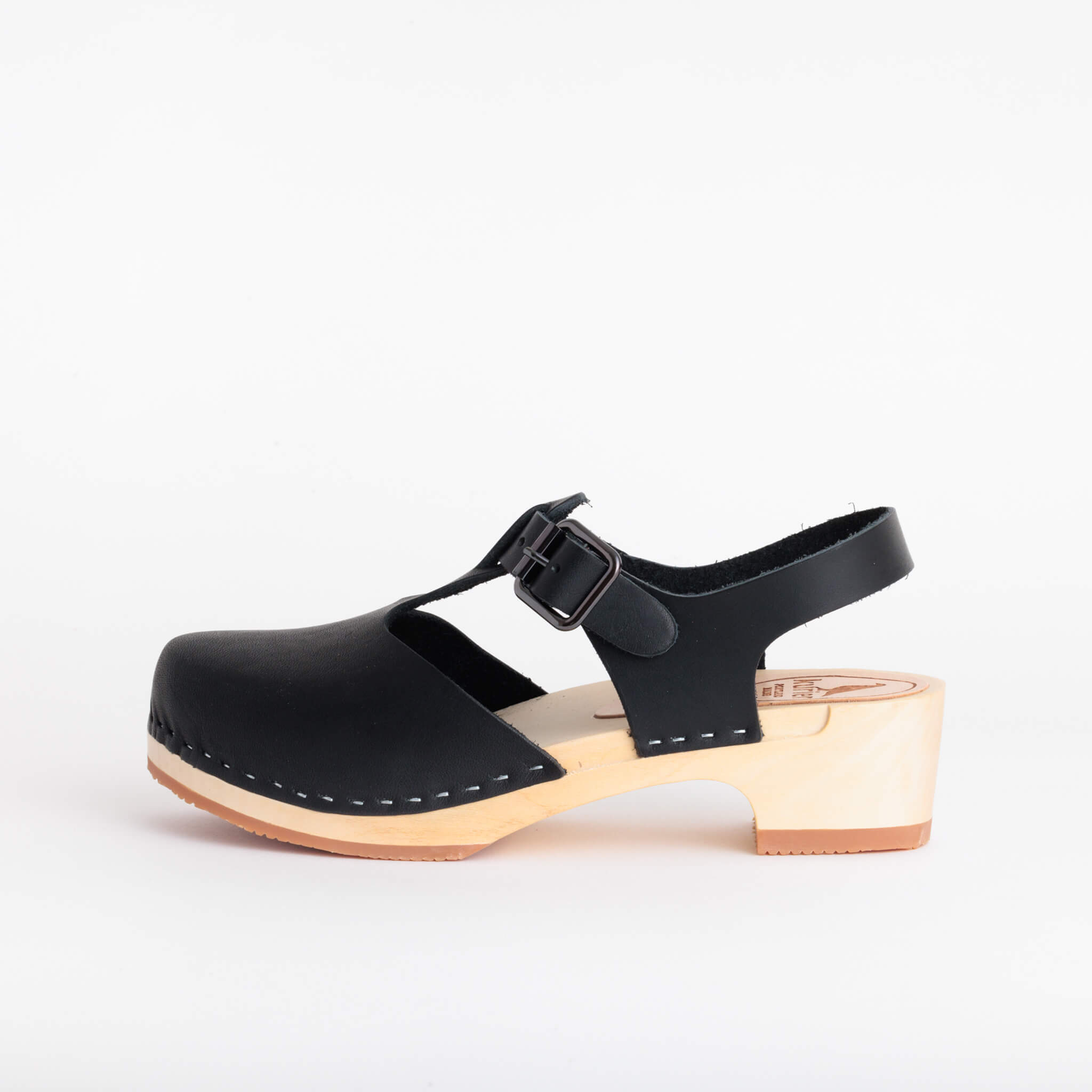 doris clog low heel closed toe handmade italian leather wood - coal side view