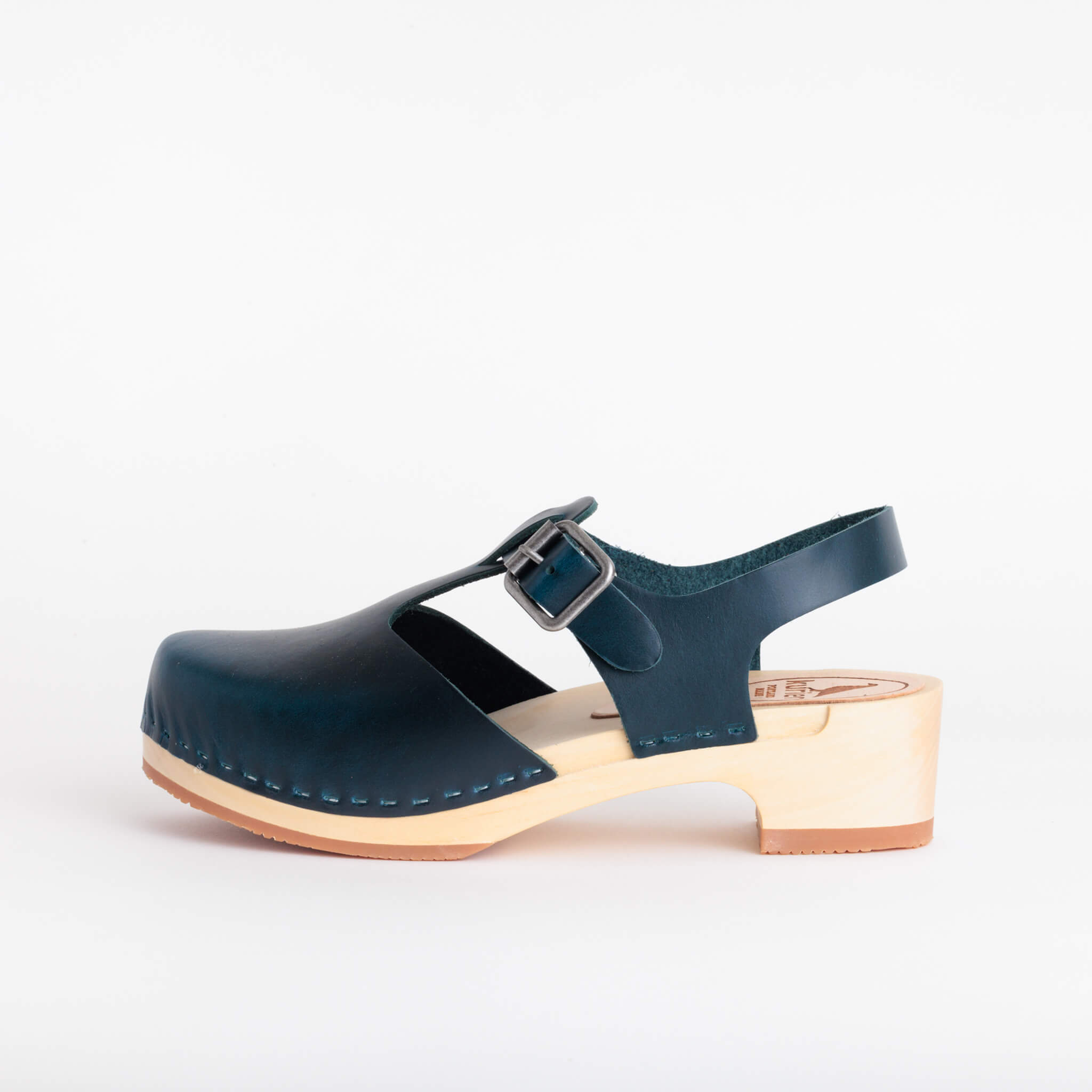 doris clog low heel closed toe handmade italian leather wood - denim side view