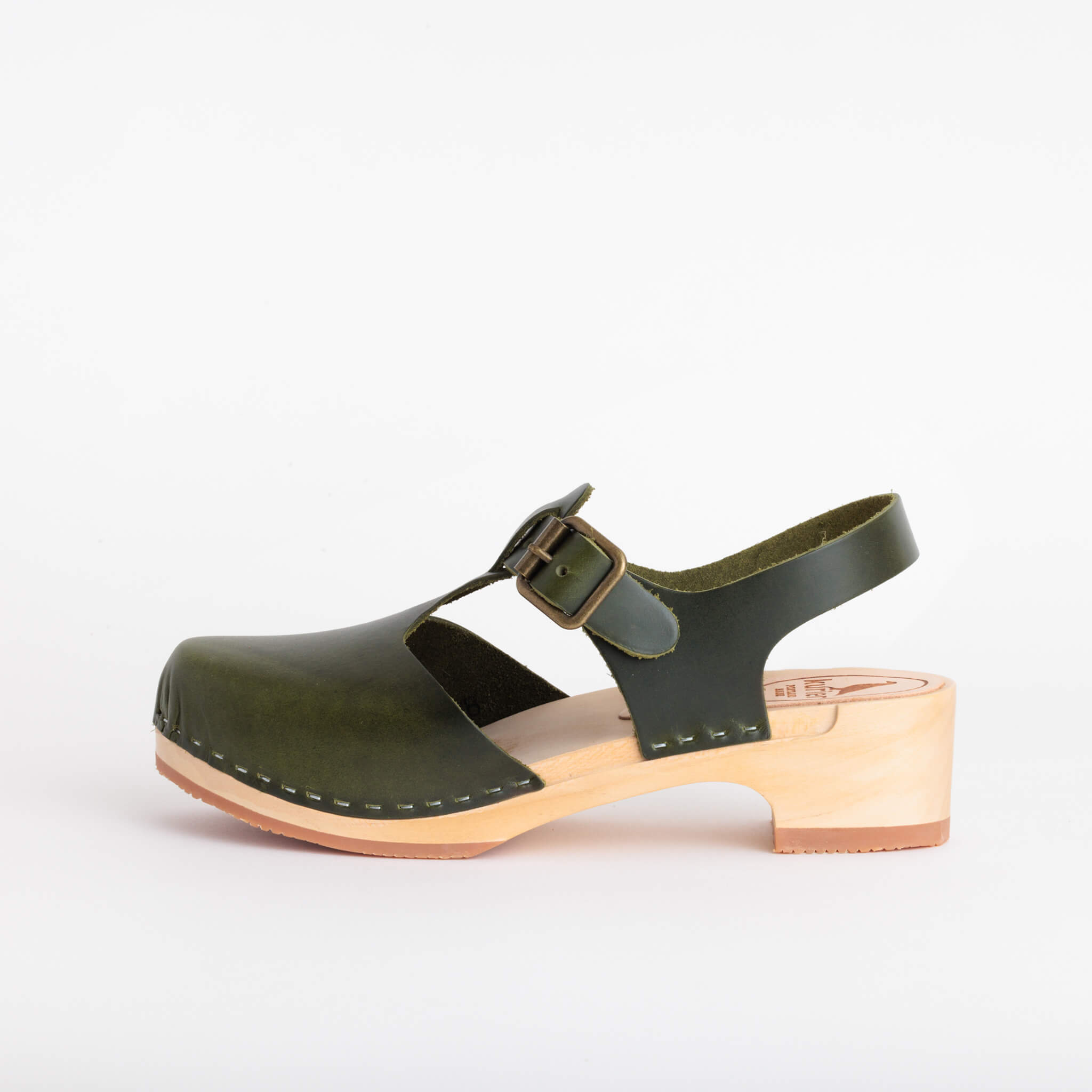doris clog low heel closed toe handmade italian leather wood - olive side view