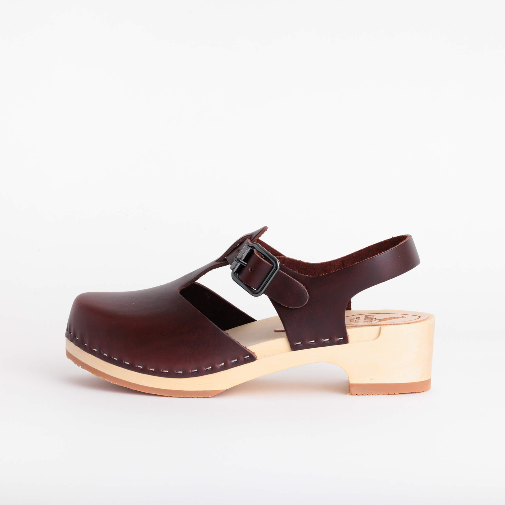 doris clog low heel closed toe handmade italian leather wood - wine side view