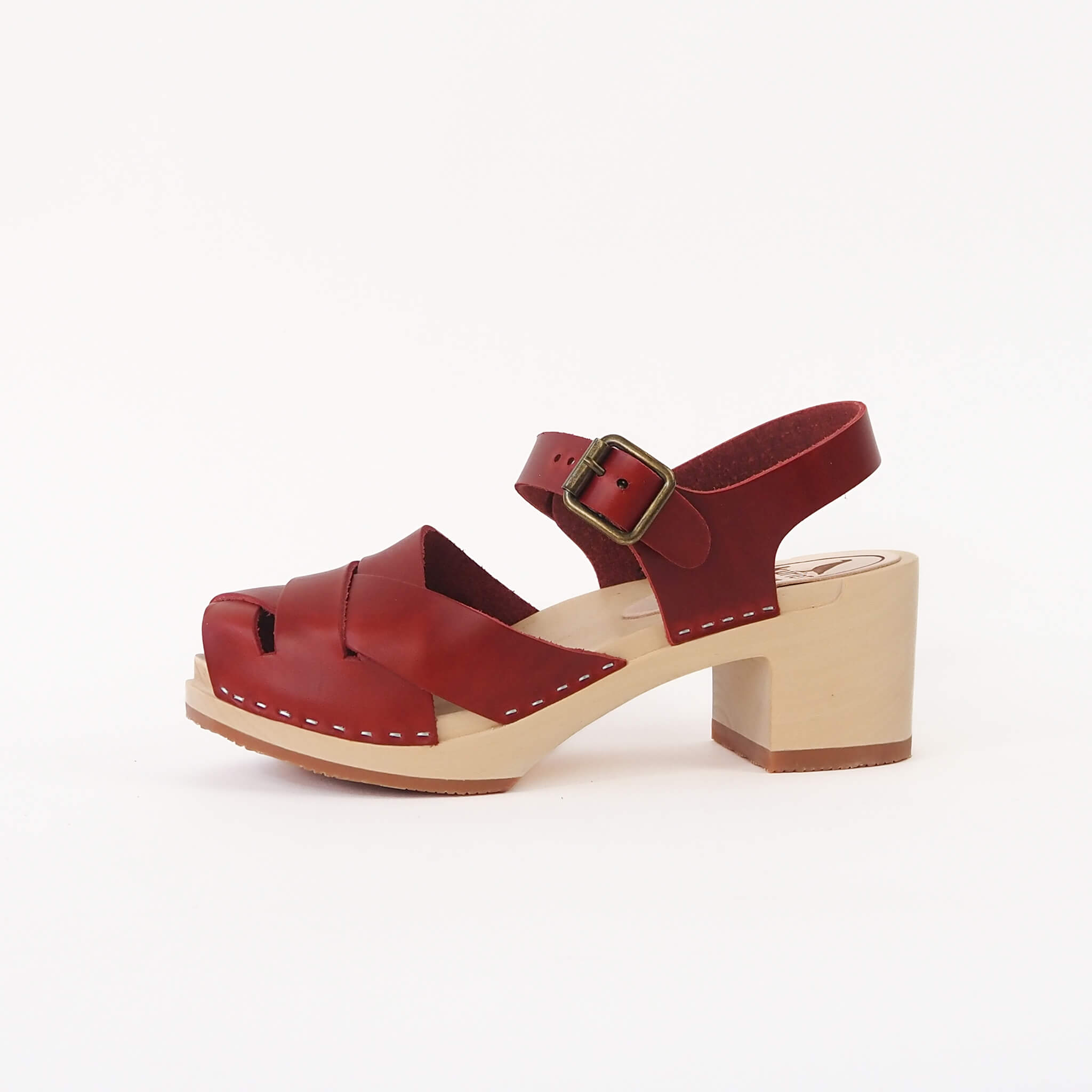 emelia clog high heel peep toe mary janesandal handmade american leather wood - cherry side view