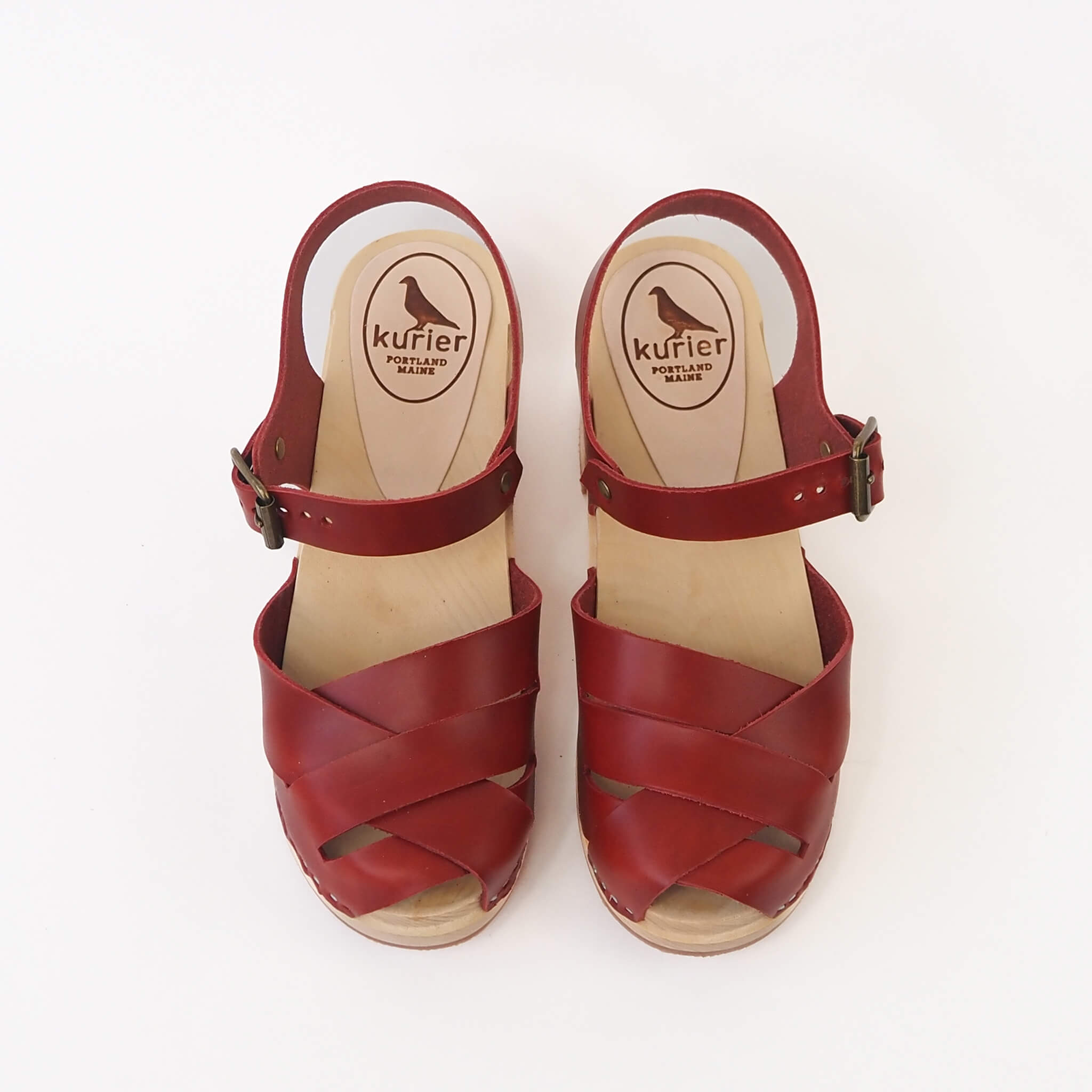 emelia clog high heel peep toe mary janesandal handmade american leather wood - cherry top view