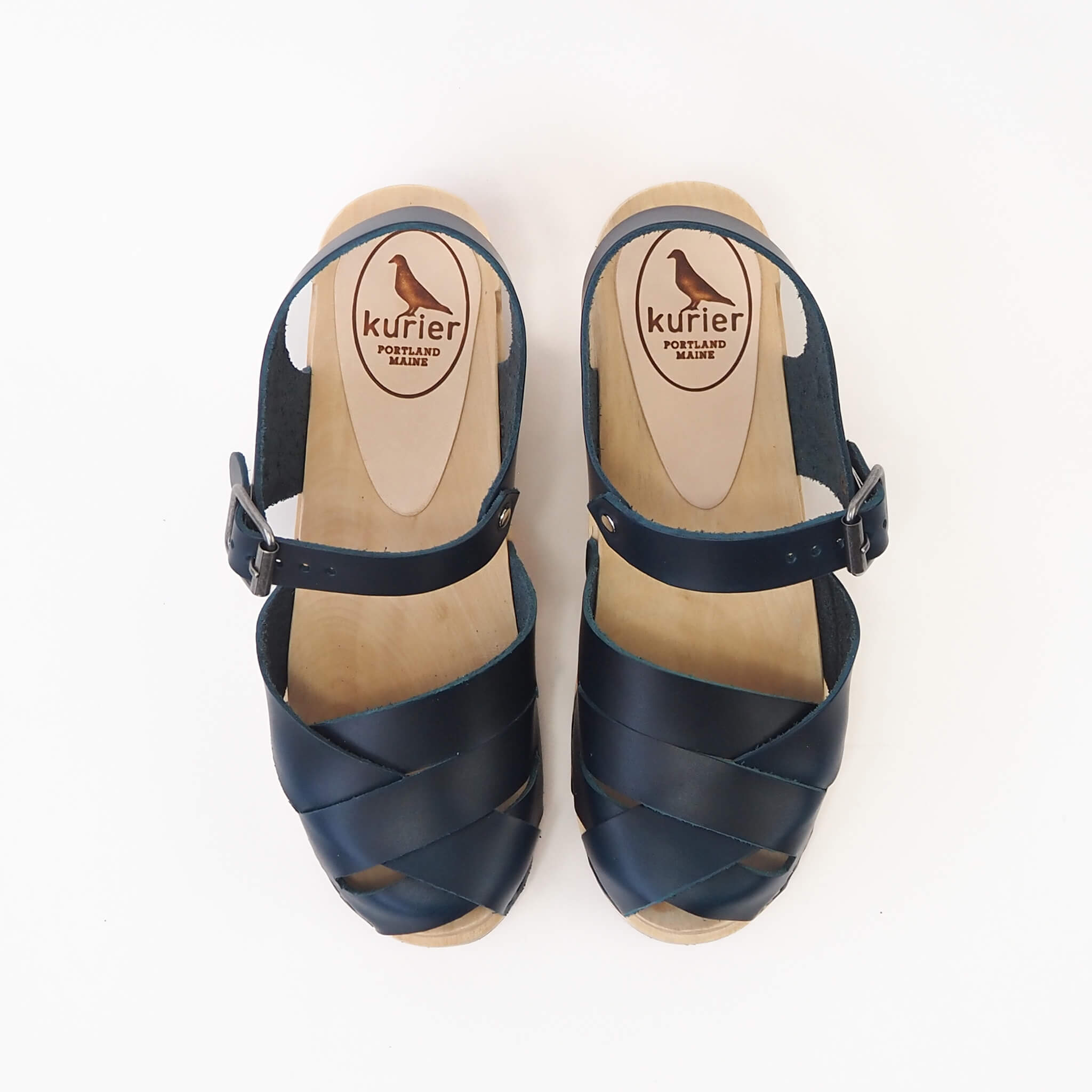emelia clog high heel peep toe mary janesandal handmade american leather wood - denim top view