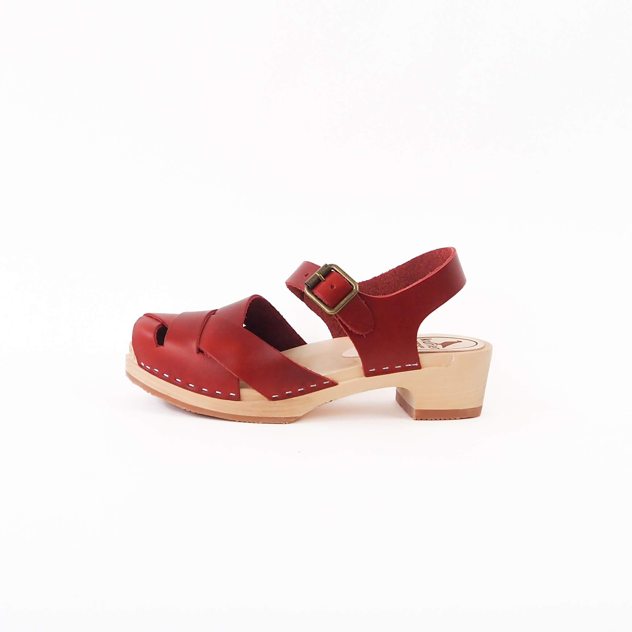 emelia clog low heel peep toe mary janesandal handmade american leather wood - cherry side view