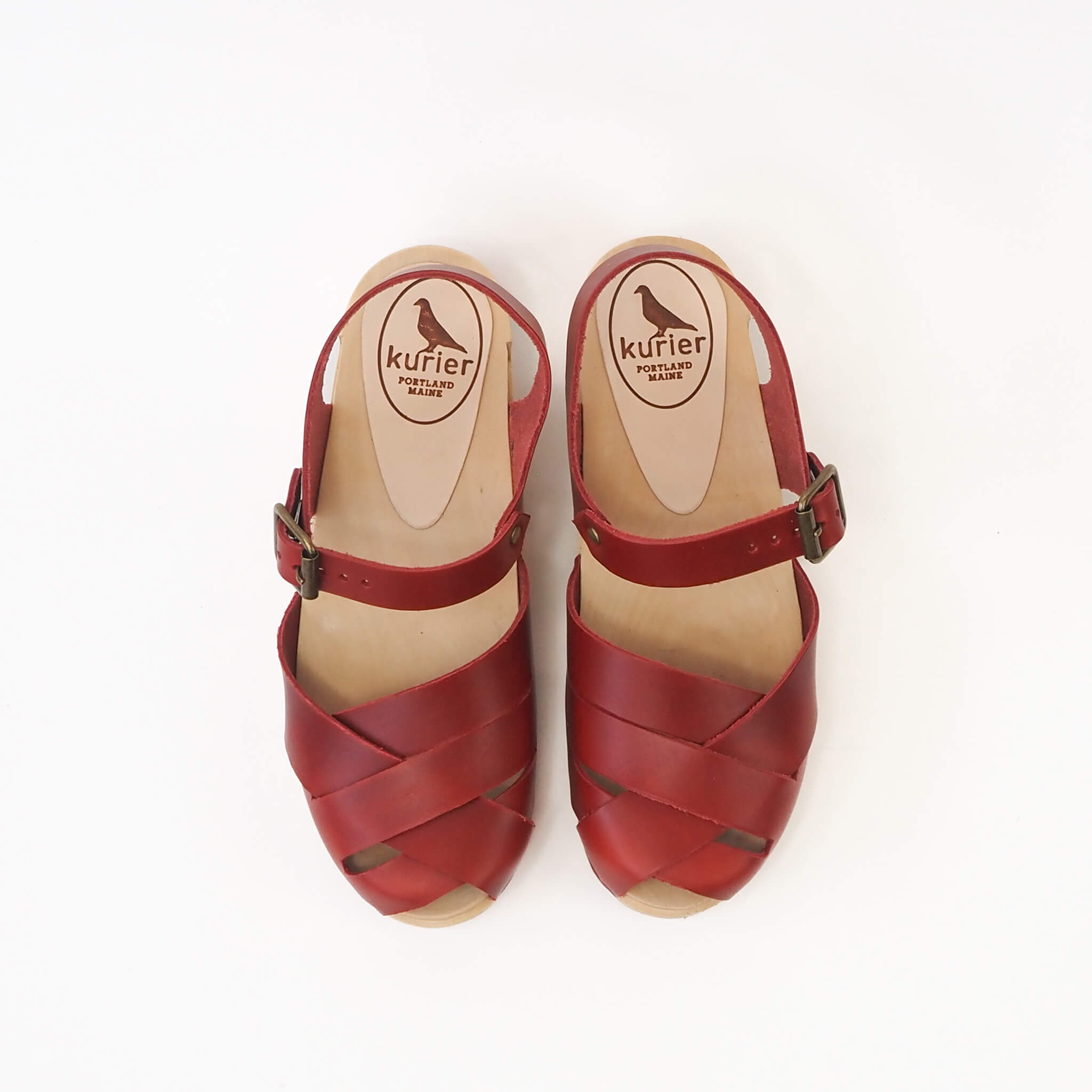 emelia clog low heel peep toe mary janesandal handmade american leather wood - cherry top view