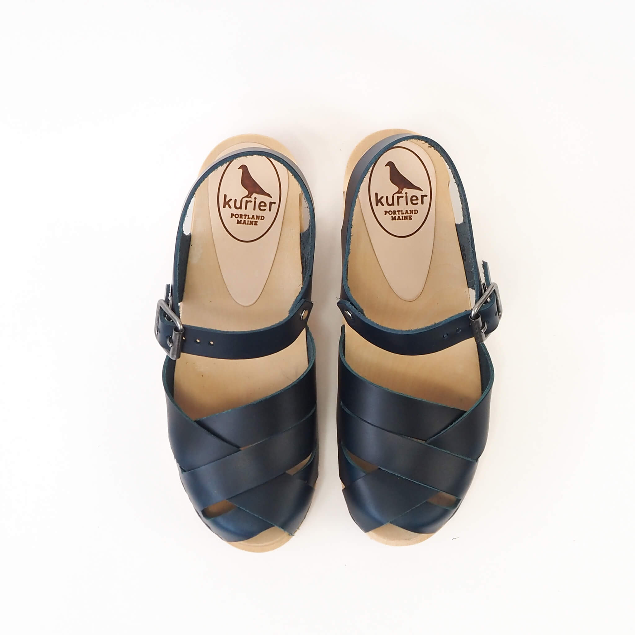 emelia clog low heel peep toe mary janesandal handmade american leather wood - denim top view