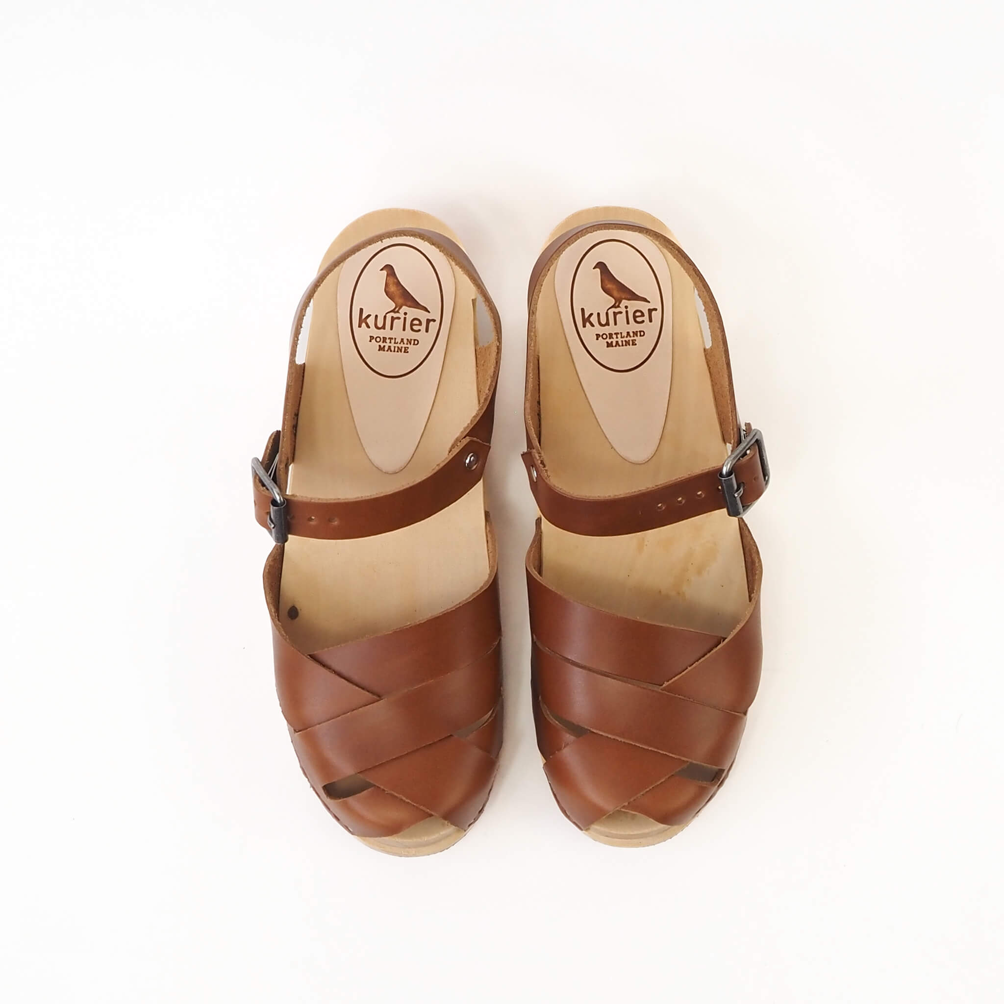 emelia clog low heel peep toe mary janesandal handmade american leather wood - pecan top view