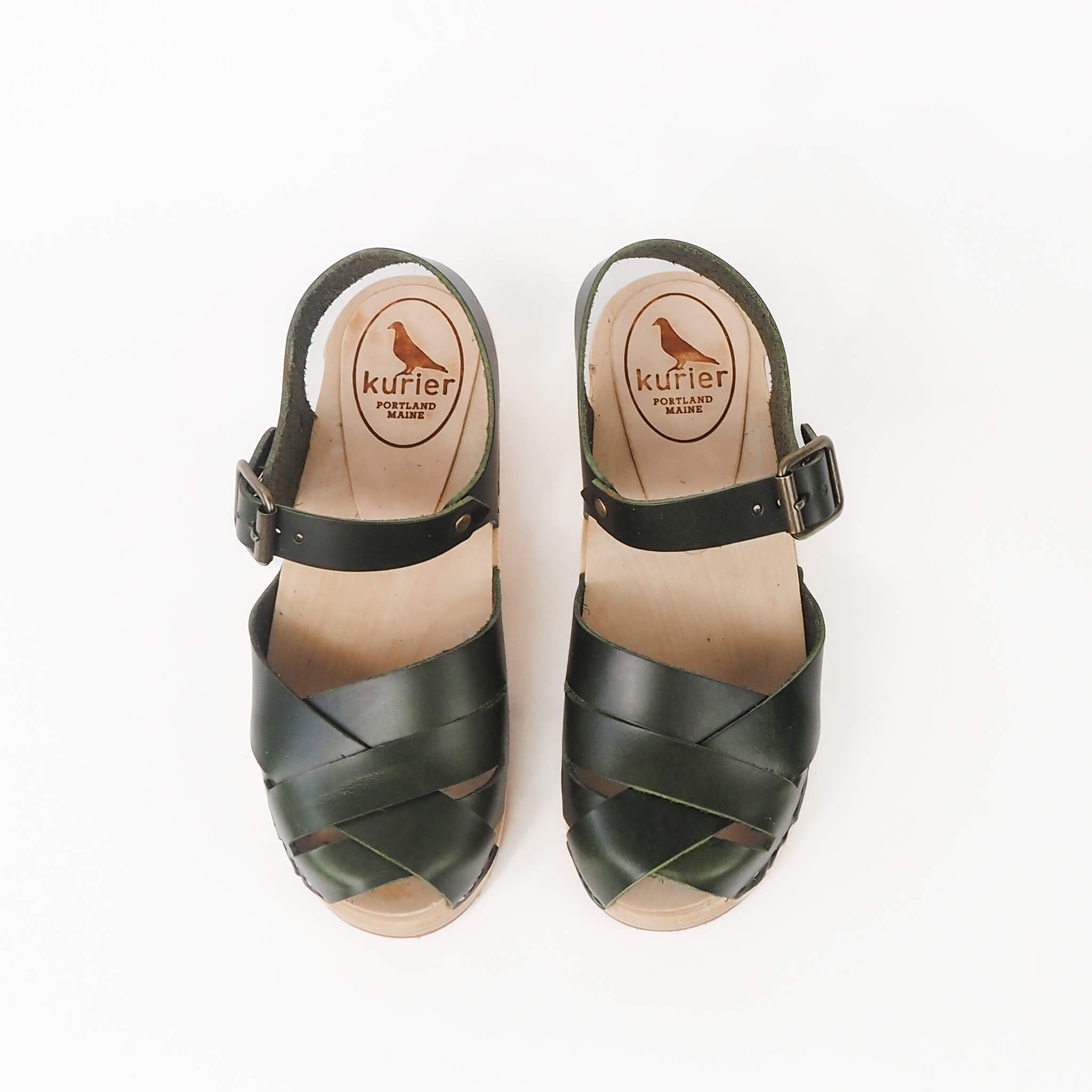 emelia clog low heel peep toe mary janesandal handmade american leather wood - pine top view