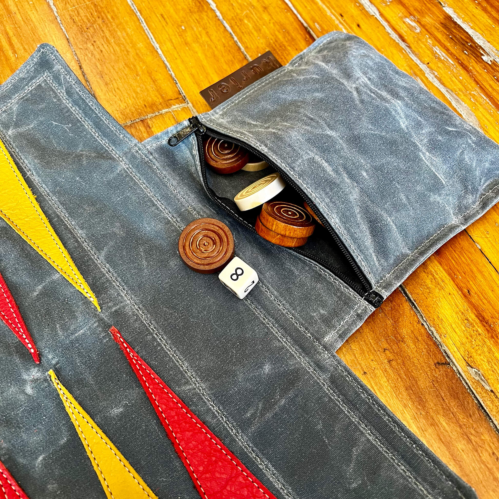 backgammon travel set - handmade leather & waxed canvas game - slate detail view