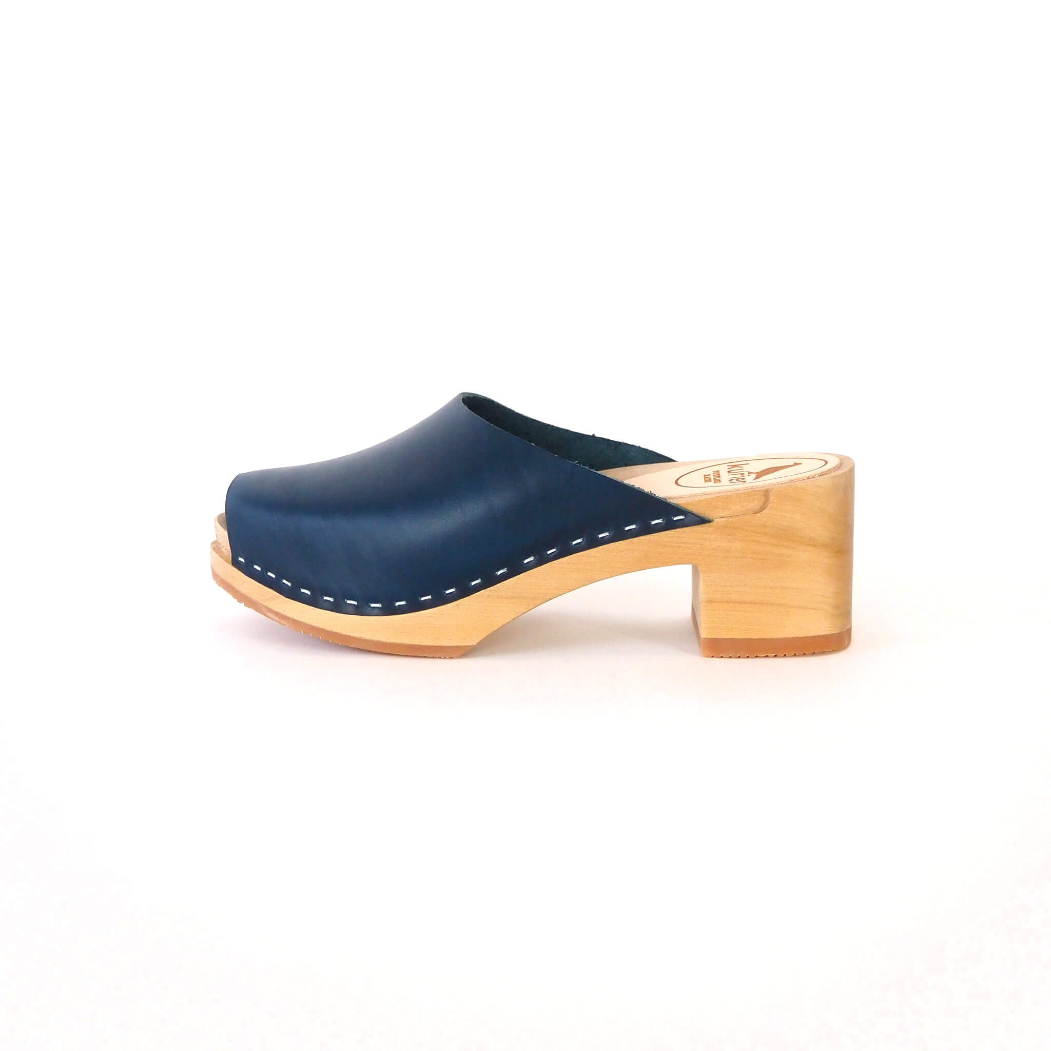 holly clog high heel peep toe mule handmade italian leather wood - denim side view