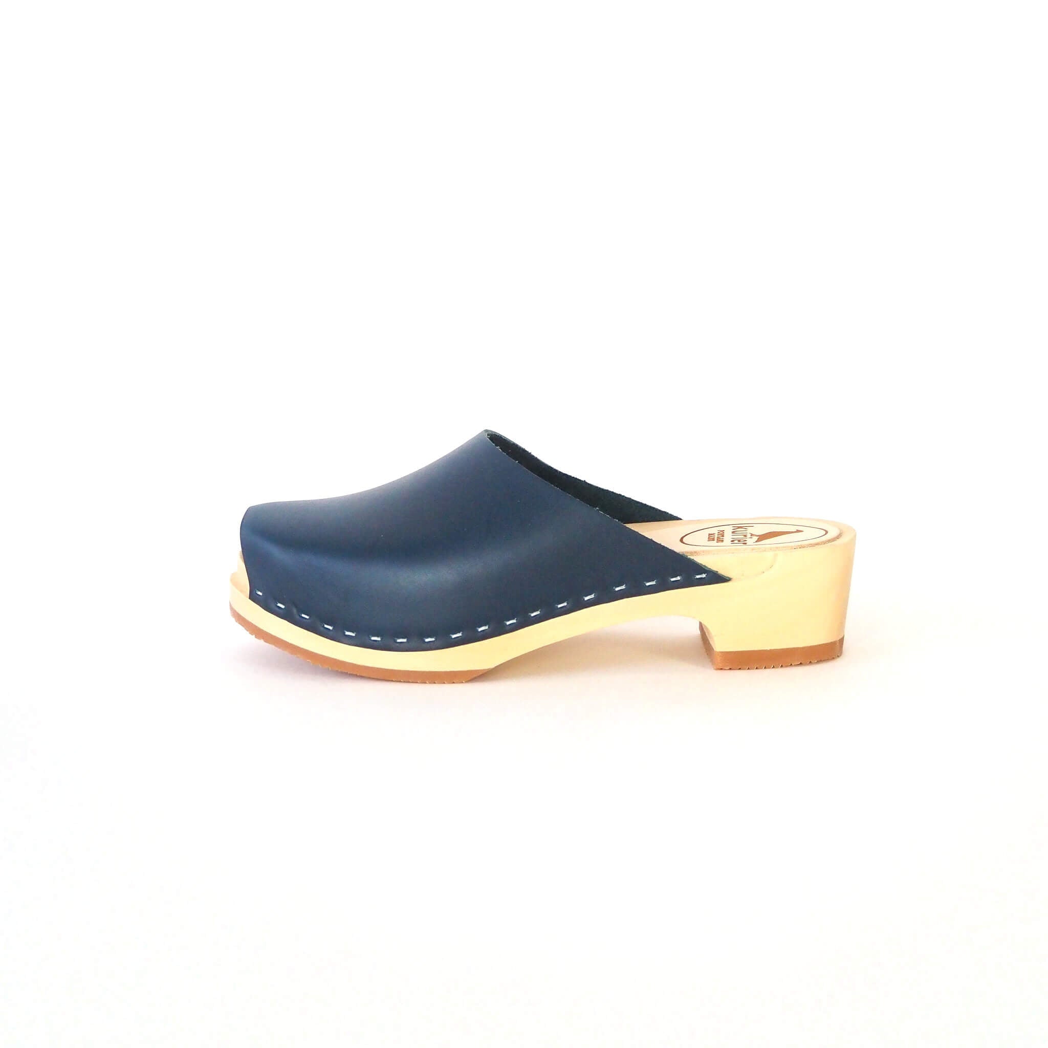 holly clog low heel peep toe mule handmade italian leather wood - denim side view