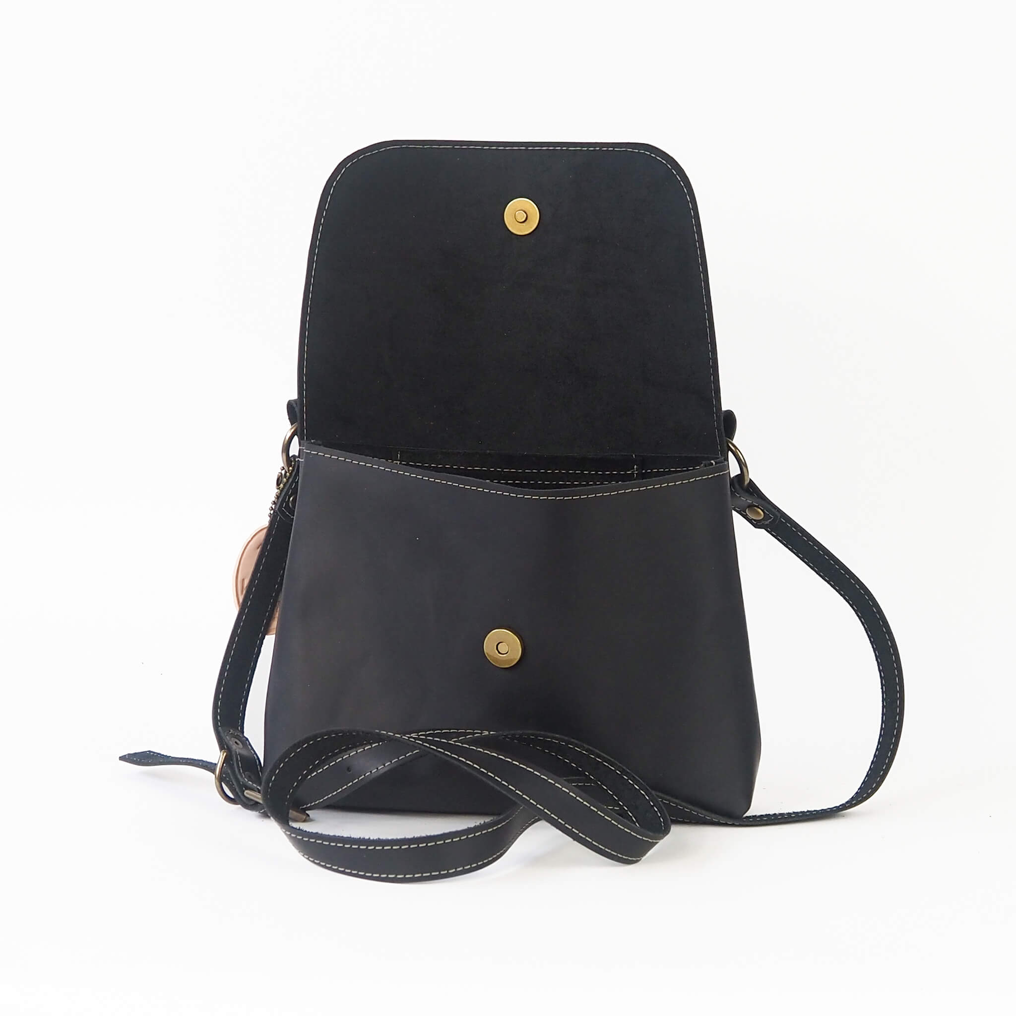 lola handbag crossbody adjustable handmade leather - coal open view